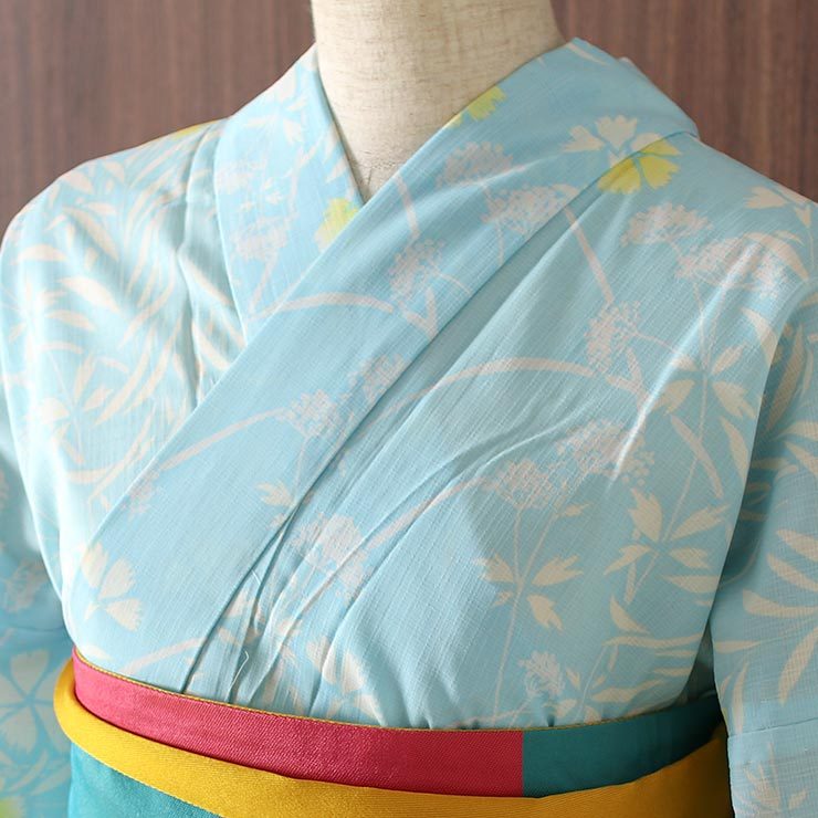 浴衣 洗える ゆかた 京友禅手捺染 撫子 水色 セオα 仕立て上がり