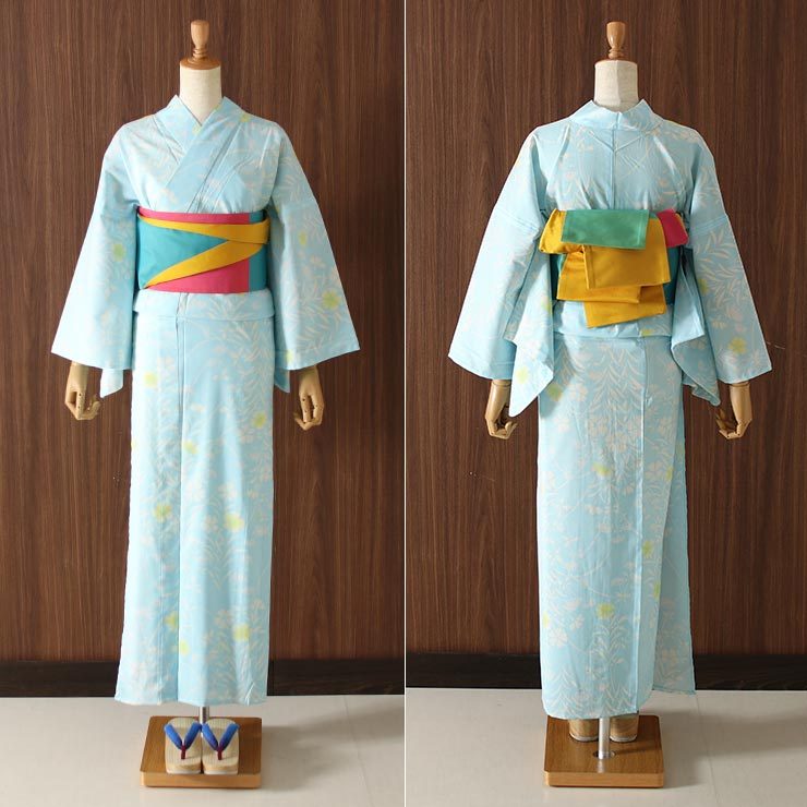 浴衣 洗える ゆかた 京友禅手捺染 撫子 水色 セオα 仕立て上がり