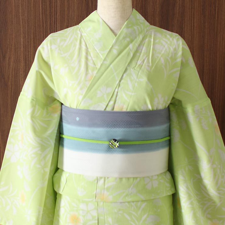 浴衣 未使用 新古品 綺麗 綿 濃緑～黒色 竹 付下げ調 プレタ Ｌ寸 MWR 浴衣 レディース 女性浴衣 単品「シンプルライフ：ディープグリーン