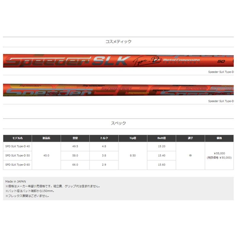 フジクラ シャフト スピーダー SLK Type-D ドライバー用シャフト 45インチ 中調子 FUJIKURA Speeder SLK Type-D  for Driver 2022