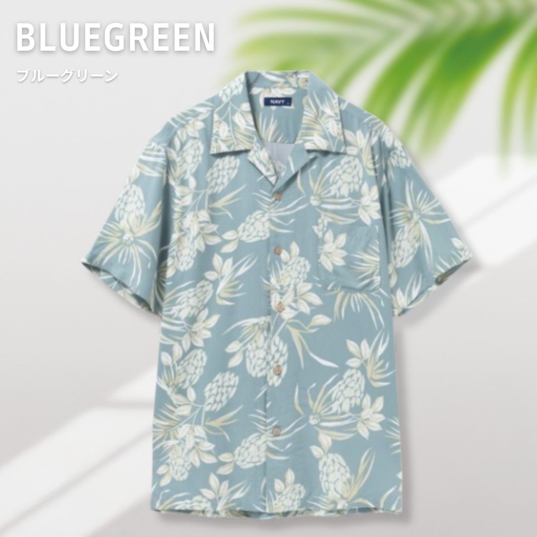 NAVY アロハシャツ メンズ 半袖 接触冷感 ひんやり 総柄 胸ポケット