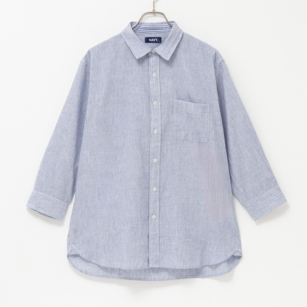 シャツ メンズ 7分袖 胸ポケット NAVY SARARI 無地 レギュラーカラーシャツ カジュアル...