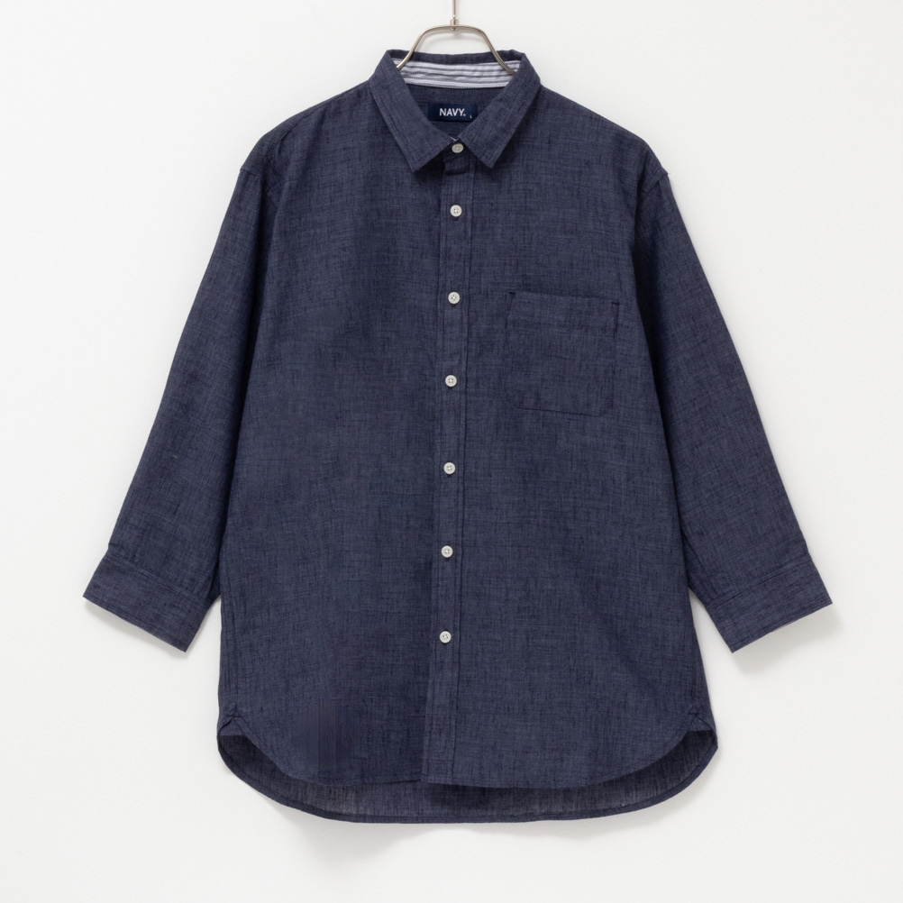 シャツ メンズ 7分袖 胸ポケット NAVY SARARI 無地 レギュラーカラーシャツ カジュアル...