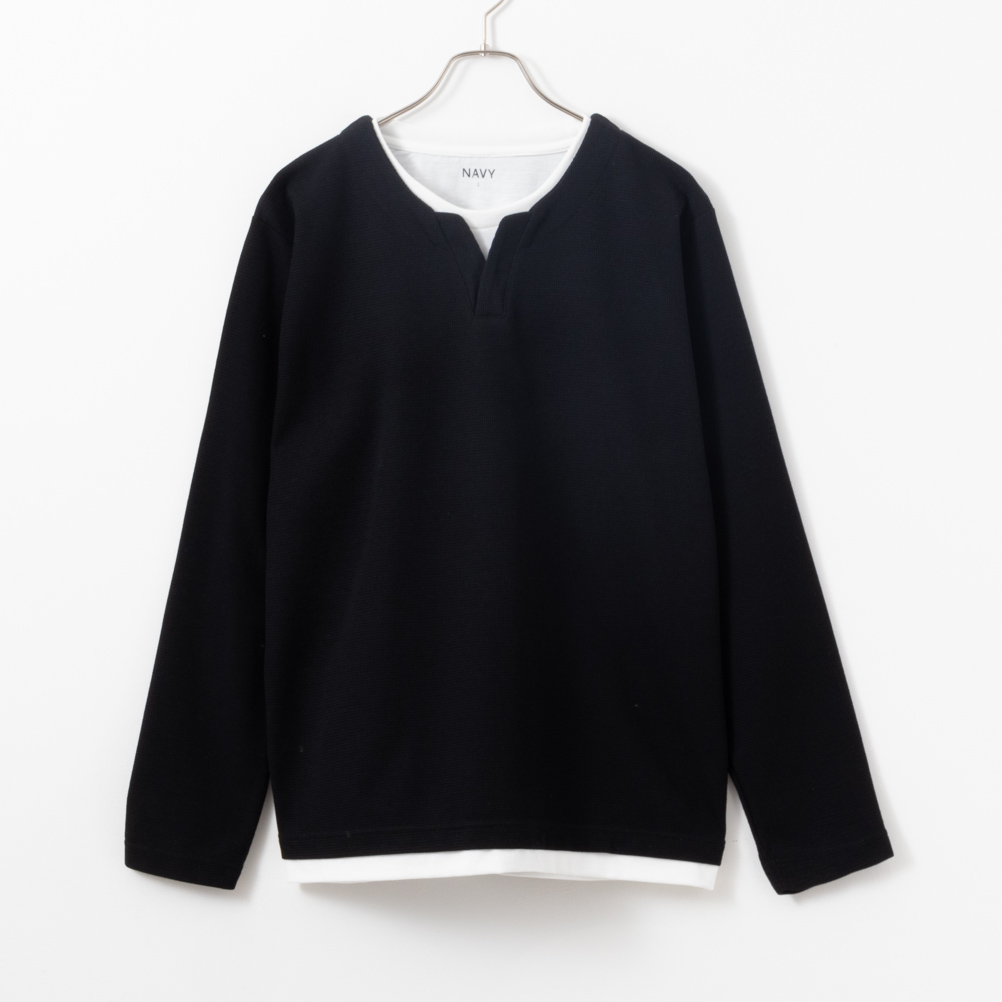 NAVY Tシャツ メンズ 長袖 フェイクレイヤード 無地 ロンT キーネック