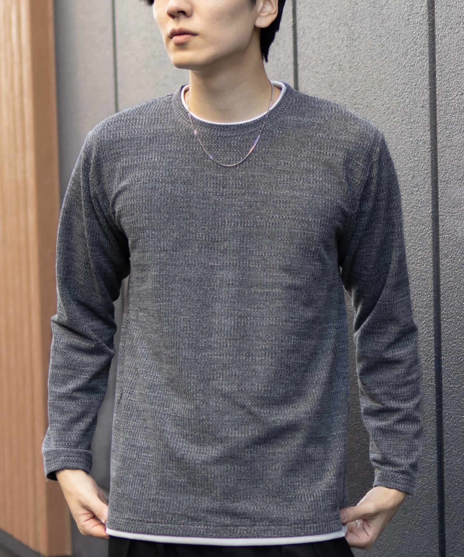 Tシャツ メンズ 長袖 ロンT フェイクレイヤード 無地 シンプル クルーネック トップス