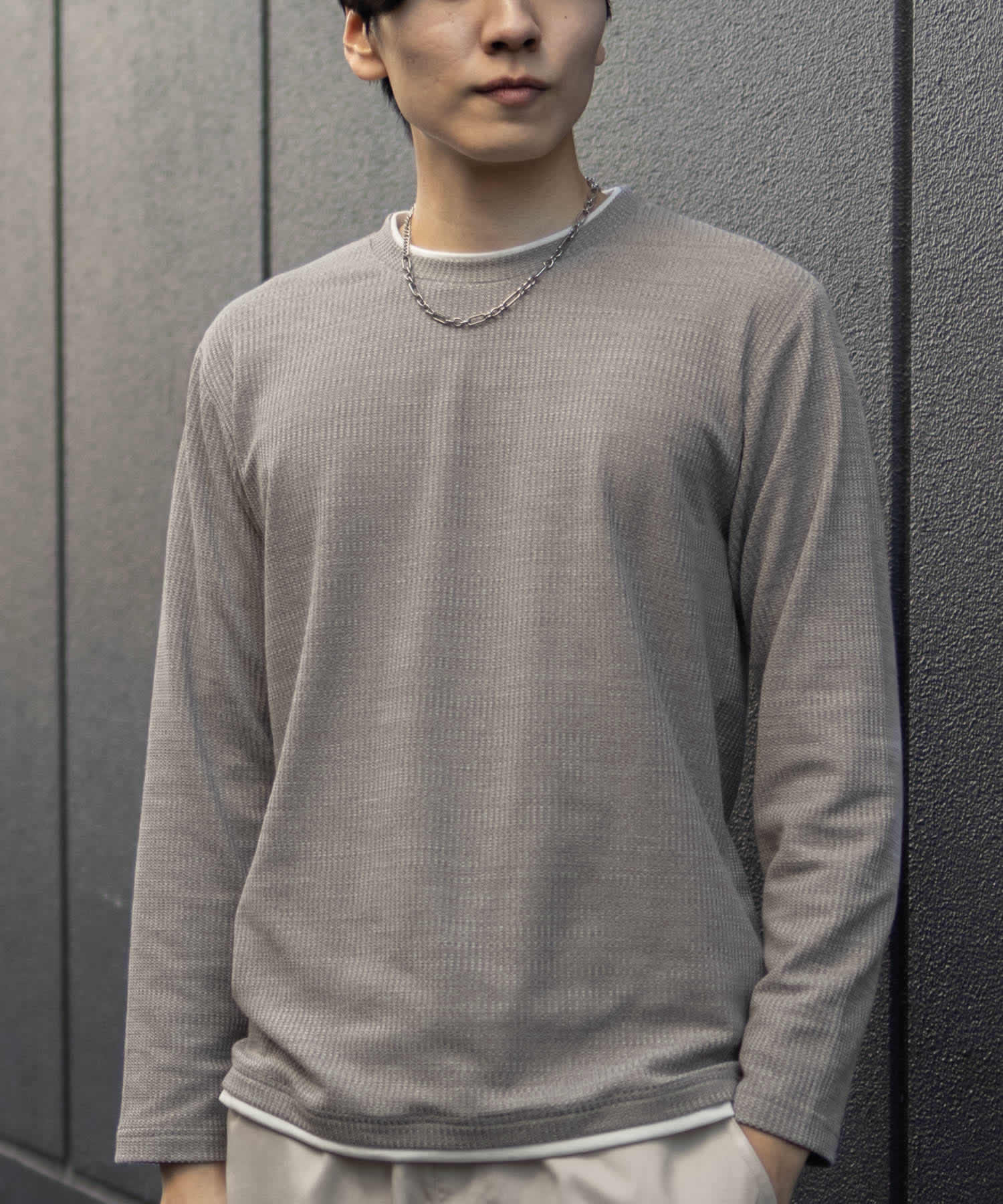 Tシャツ メンズ 長袖 ロンT フェイクレイヤード 無地 シンプル クルーネック トップス