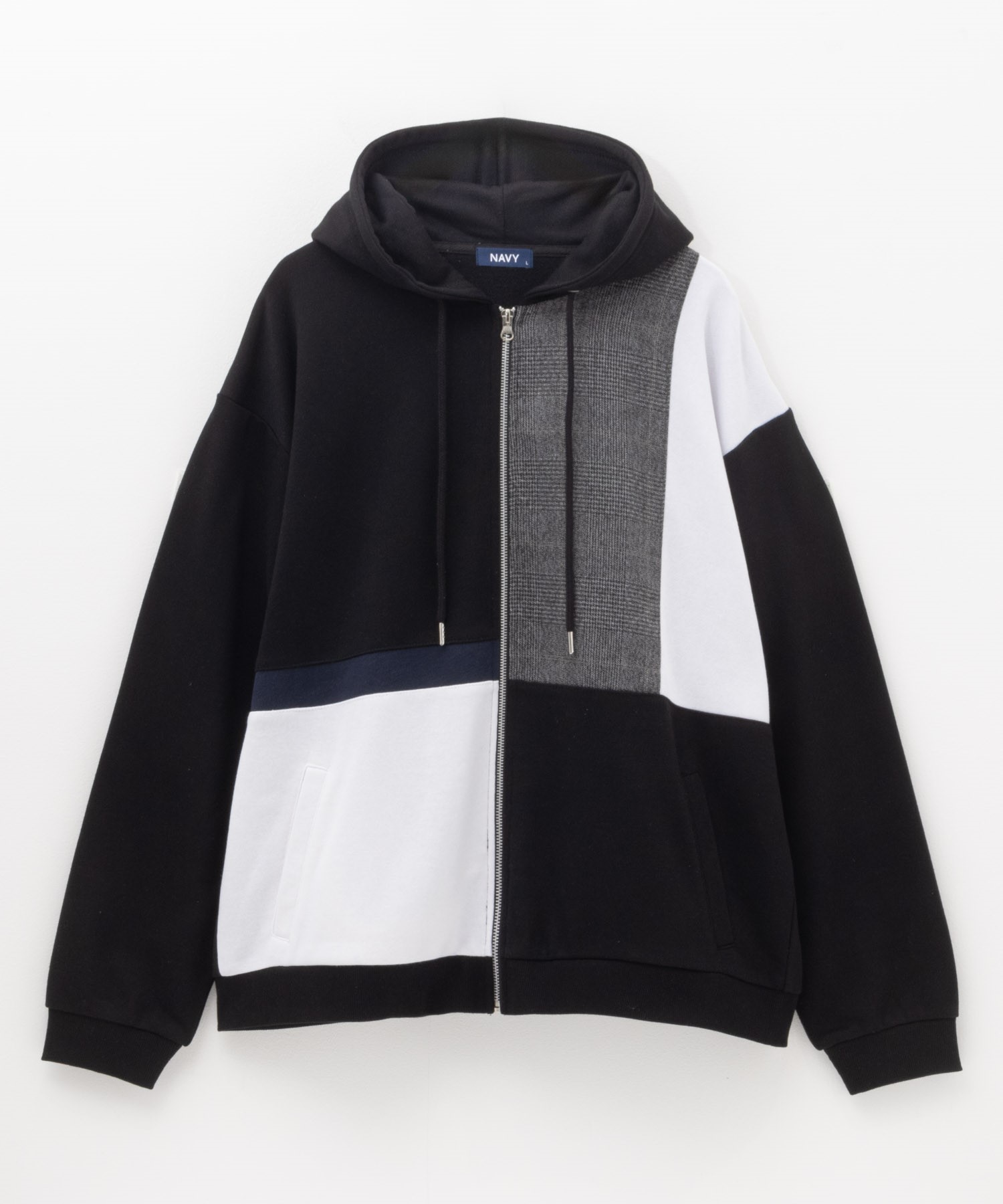 NAVY パーカー メンズ グレンチェック柄 黒 白 長袖 ジップアップ