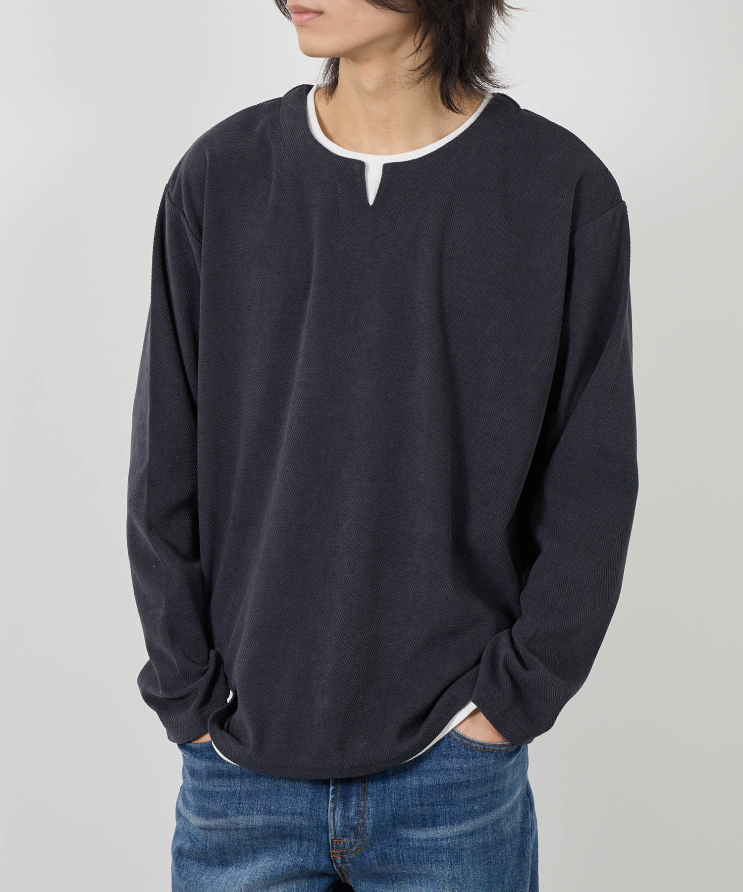 NAVY Tシャツ メンズ 長袖 ロンT フェイクレイヤード カノコ 微起毛