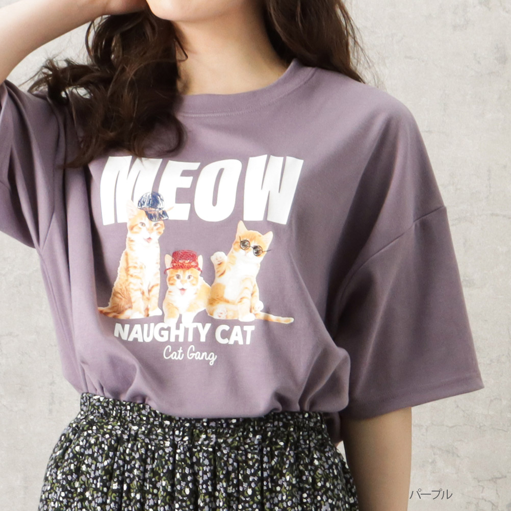 半袖Tシャツ ユニセックス メンズ プリント 猫 ネコ ロゴ ワイドシルエット ゆったり クルーネック カットソー トップス ネコポス対応