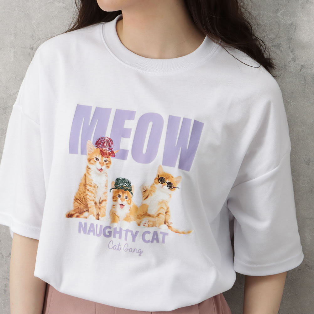 半袖Tシャツ ユニセックス メンズ プリント 猫 ネコ ロゴ ワイドシルエット ゆったり クルーネック カットソー トップス ネコポス対応