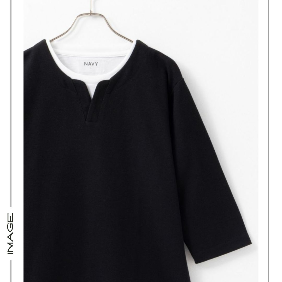 Tシャツ メンズ 7分袖 フェイクレイヤード 重ね着風 無地 キーネック カットソー トップス
