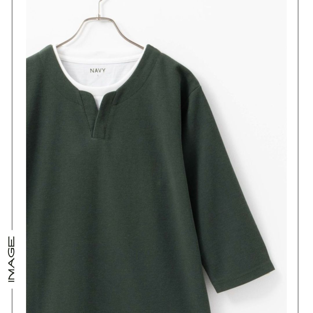 Tシャツ メンズ 7分袖 フェイクレイヤード 重ね着風 無地 キーネック カットソー トップス