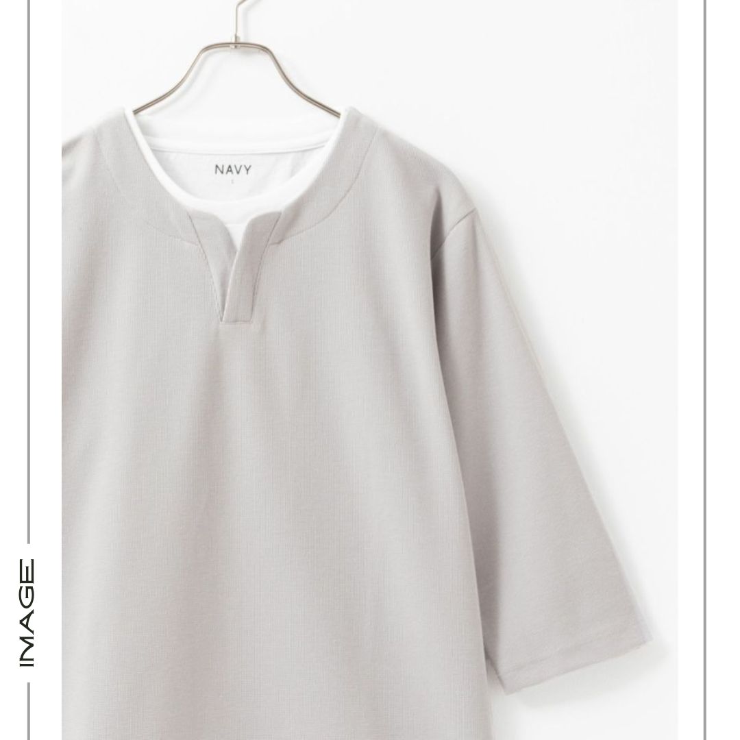 Tシャツ メンズ 7分袖 フェイクレイヤード 重ね着風 無地 キーネック カットソー トップス