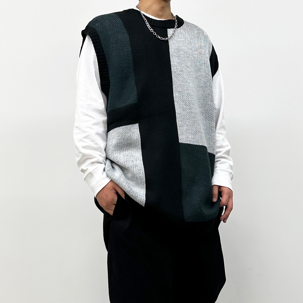 ニットベスト メンズ ビッグシルエット ゆったり プルオーバー クルー