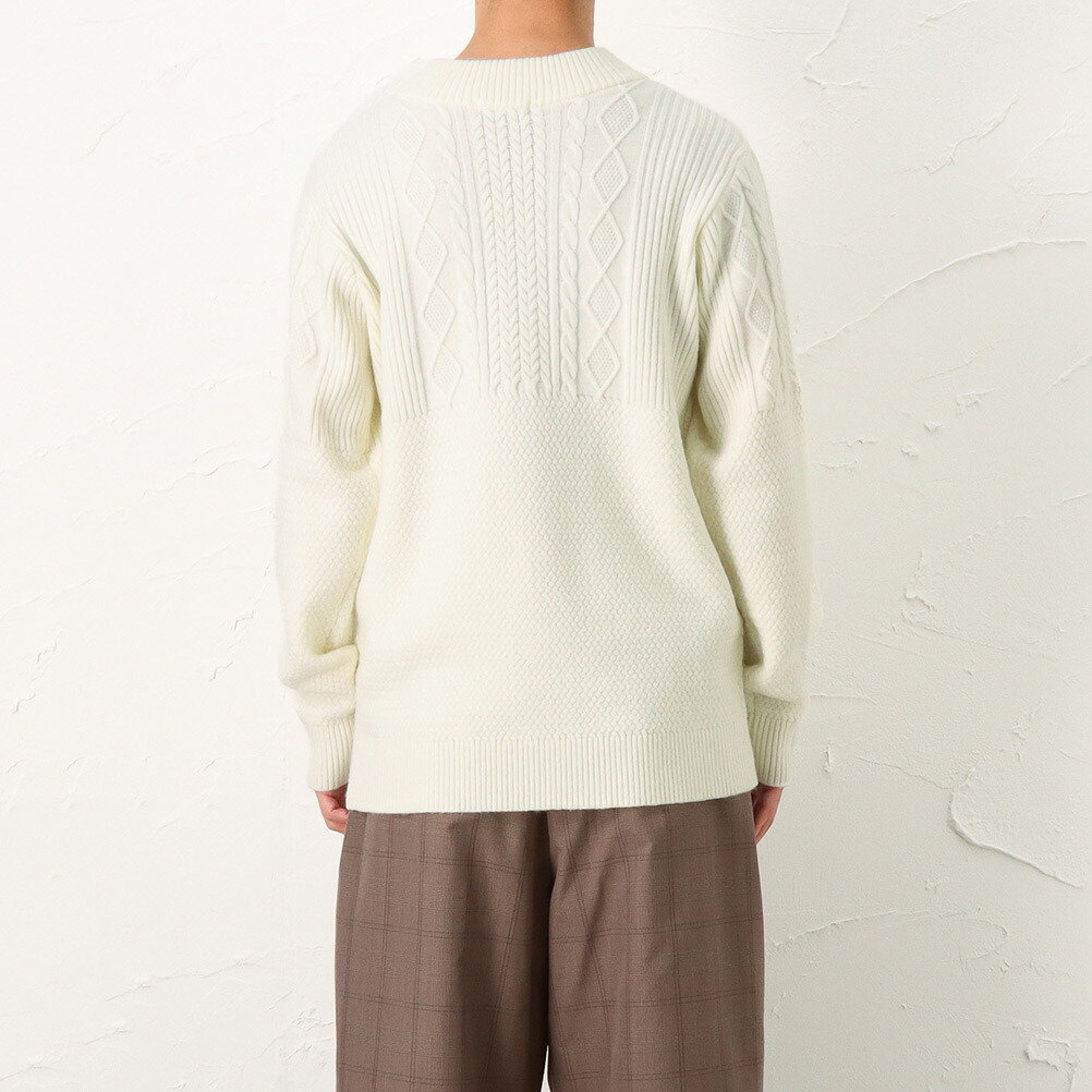 NAVY ニット セーター メンズ モックネック 切替 バスケット編み