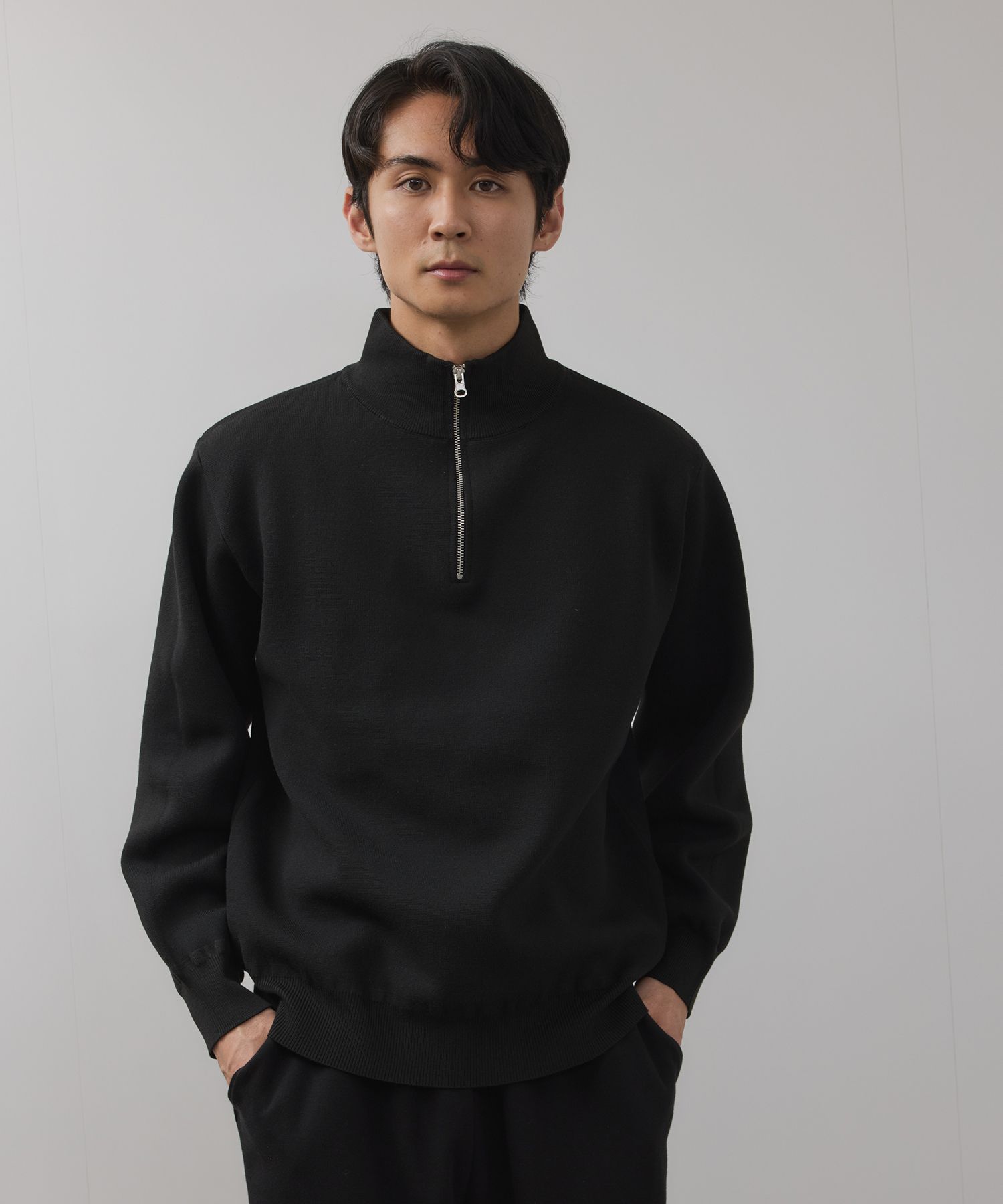 NAVY ニット セーター メンズ ハーフジップ ハイネック ストレッチ 