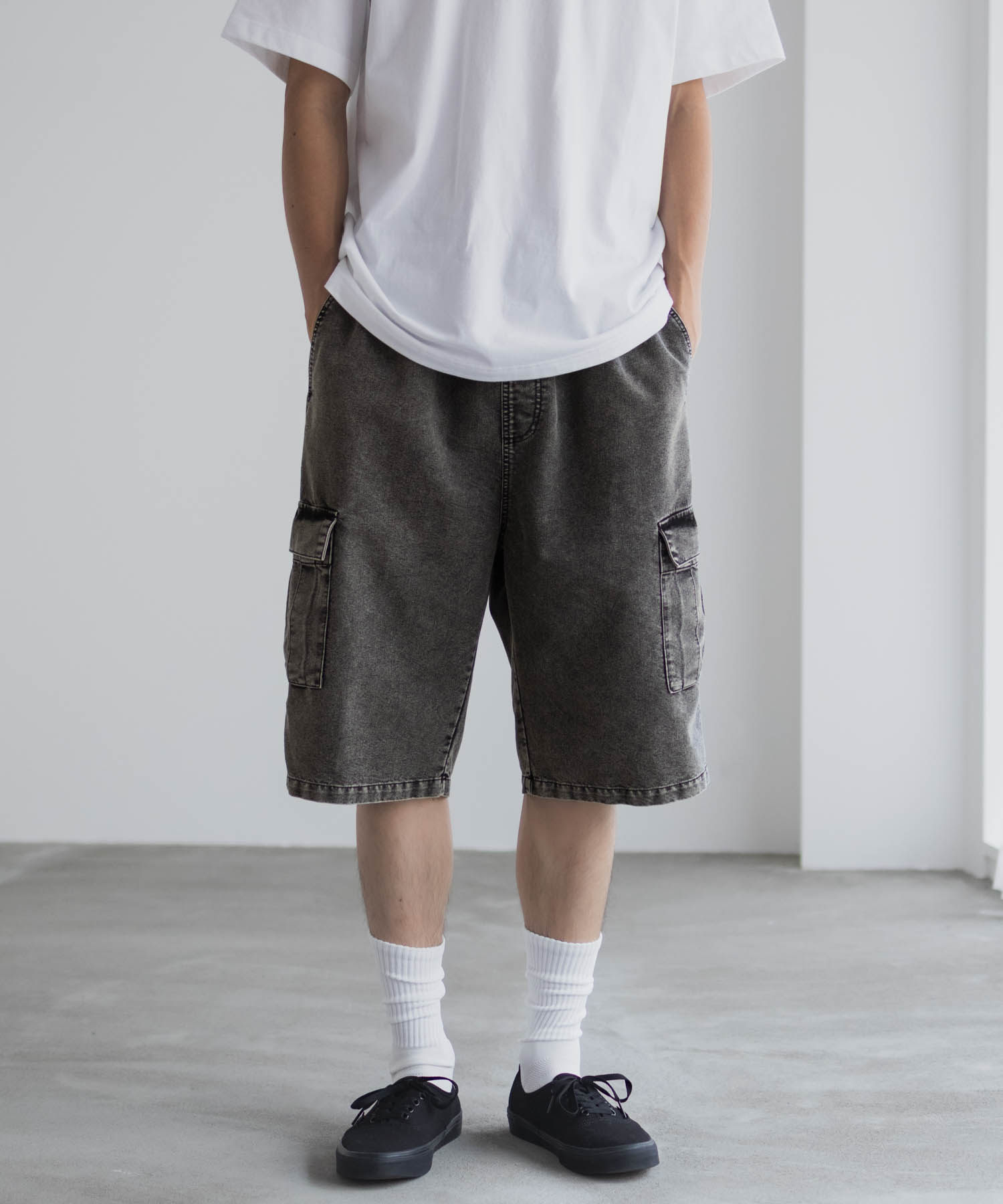 NAVY ショートパンツ メンズ 8オンス ケミカルウォッシュ ウエストゴム