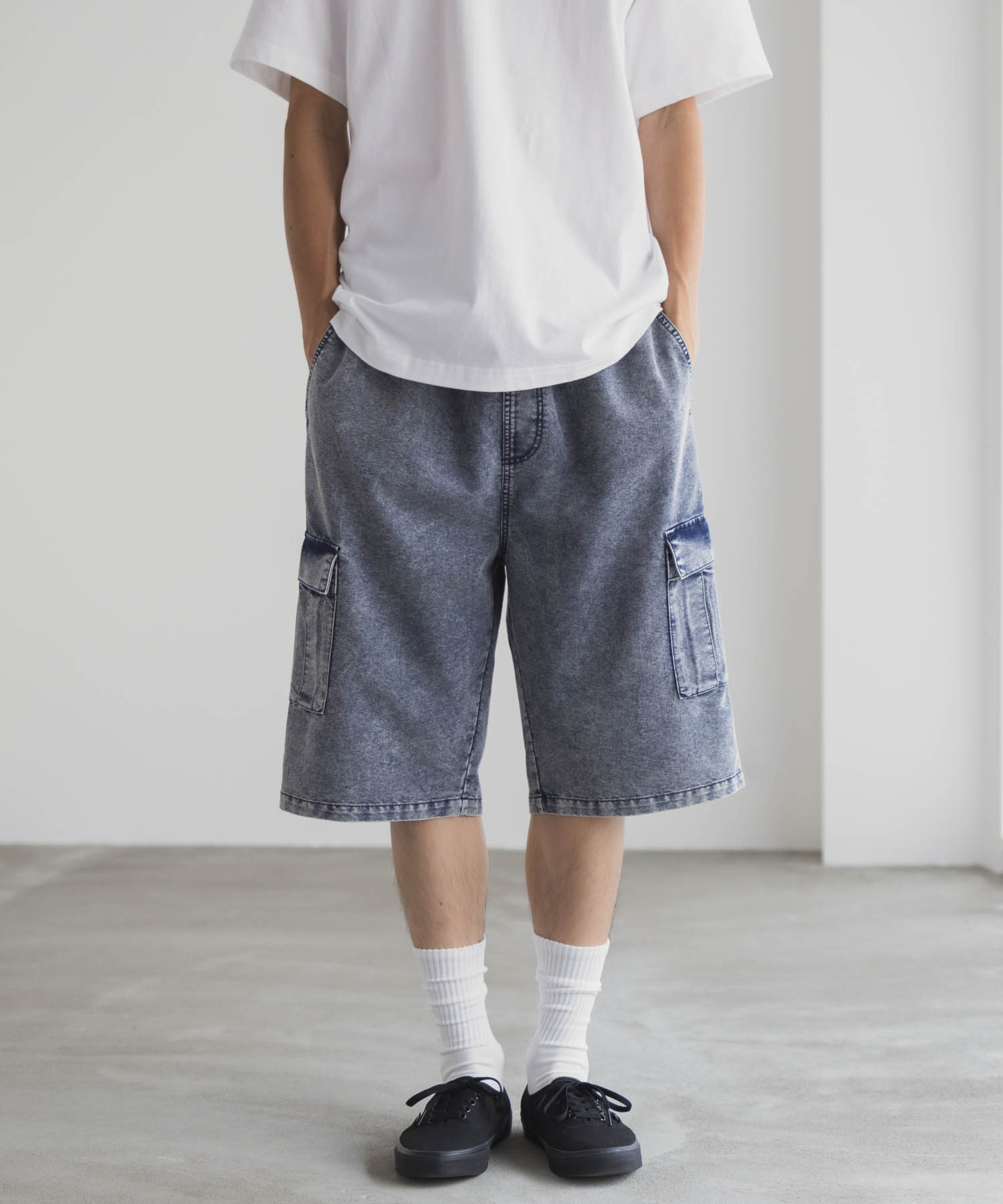 NAVY ショートパンツ メンズ 8オンス ケミカルウォッシュ ウエストゴム