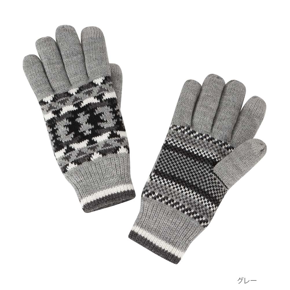 NAVY 手袋 グローブ メンズ 裏ボア ニット アクリル オルテガ柄 民族柄