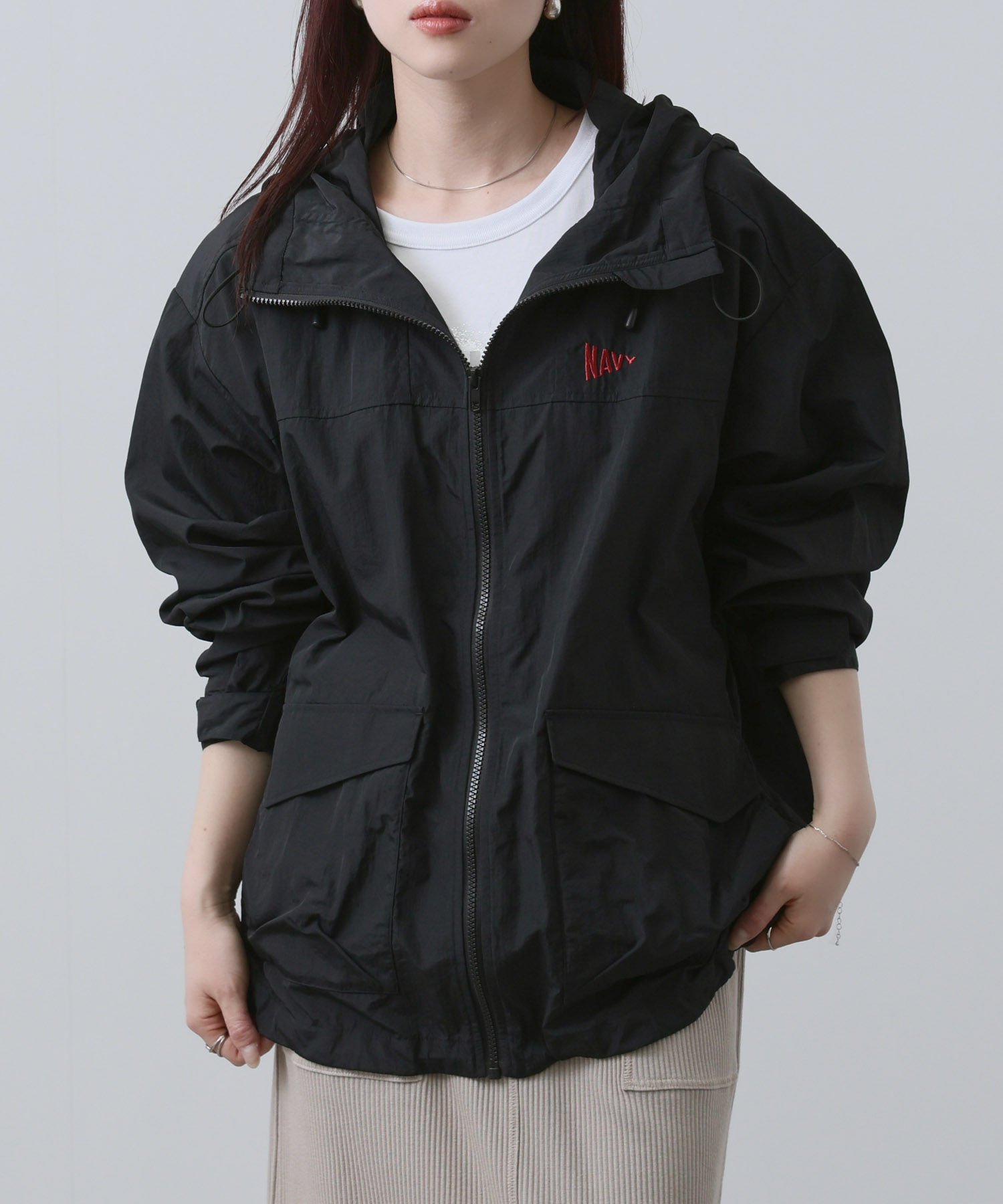 ★ BONJOURMADAME 日本製　マウンテンパーカー　ナイロン　ジャケット NAVY フーディ レディース アウター 軽量 ジップアップ ナイロン