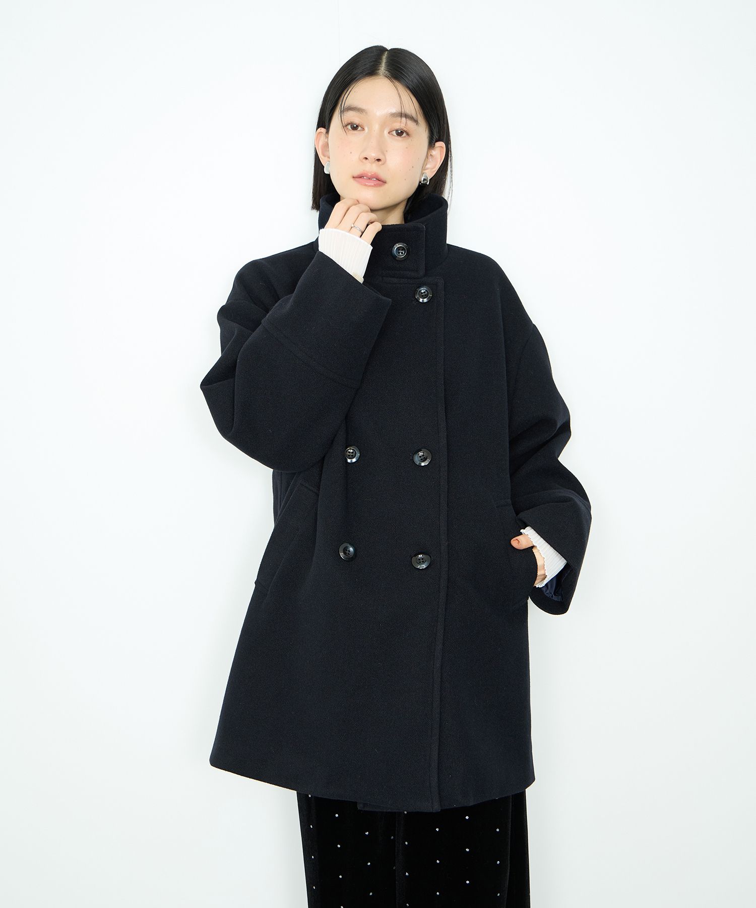 Idnes イドネス スタンドカラー コート レディース アウター ミドル丈 