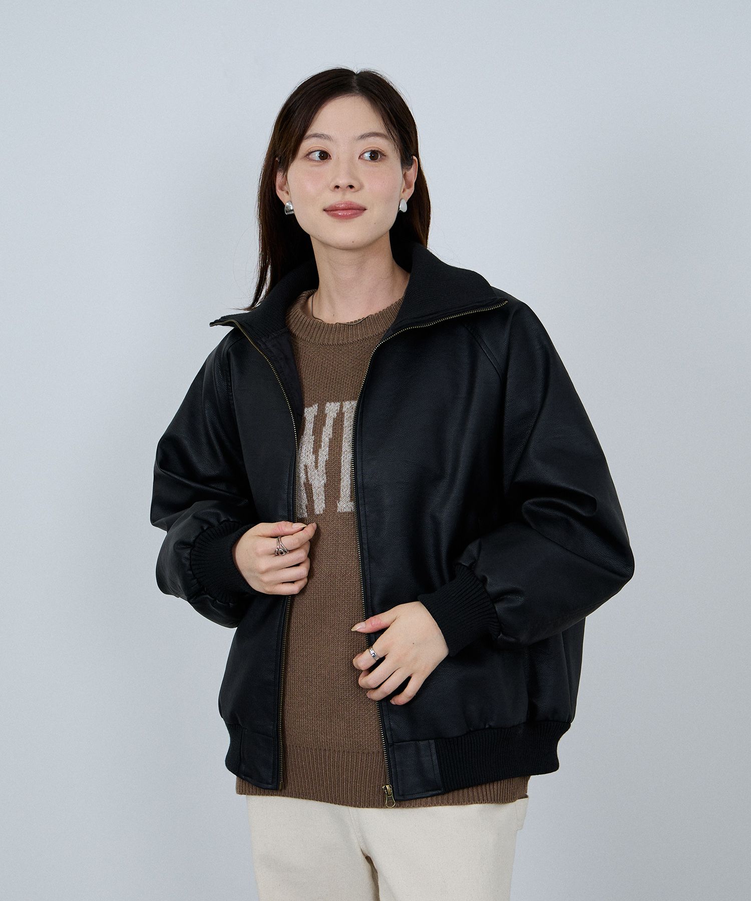 NAVY ブルゾン レディース オーバーサイズ ゆったり 大きめ 合成皮革