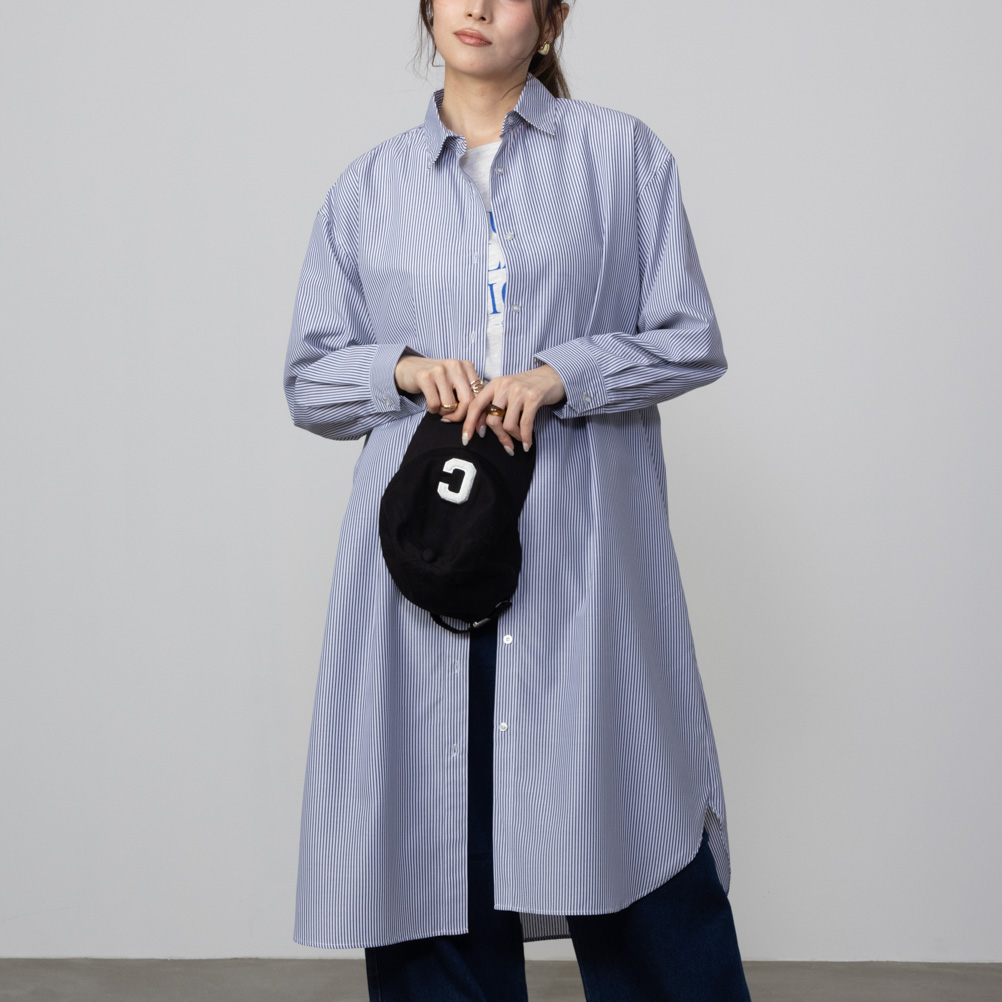 NAVY シャツワンピース レディース ストライプ 裾ラウンド 洗濯可
