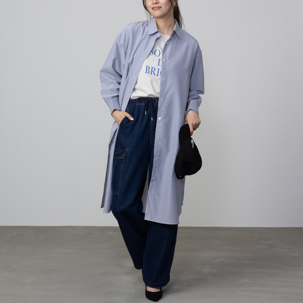 NAVY シャツワンピース レディース ストライプ 裾ラウンド 洗濯可
