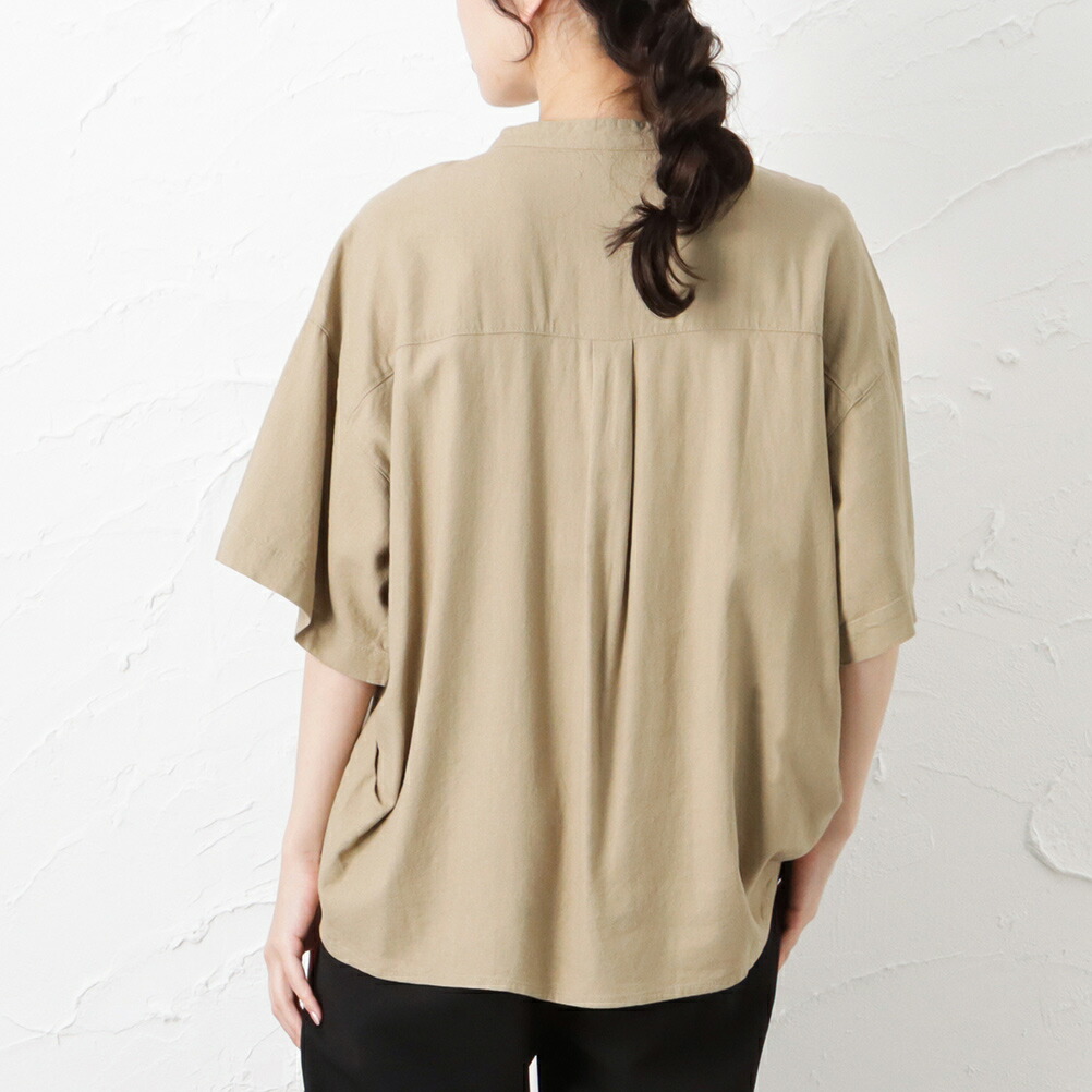 NAVY バンドカラーシャツ レディース 冷感 抗菌 レーヨン リネン 麻