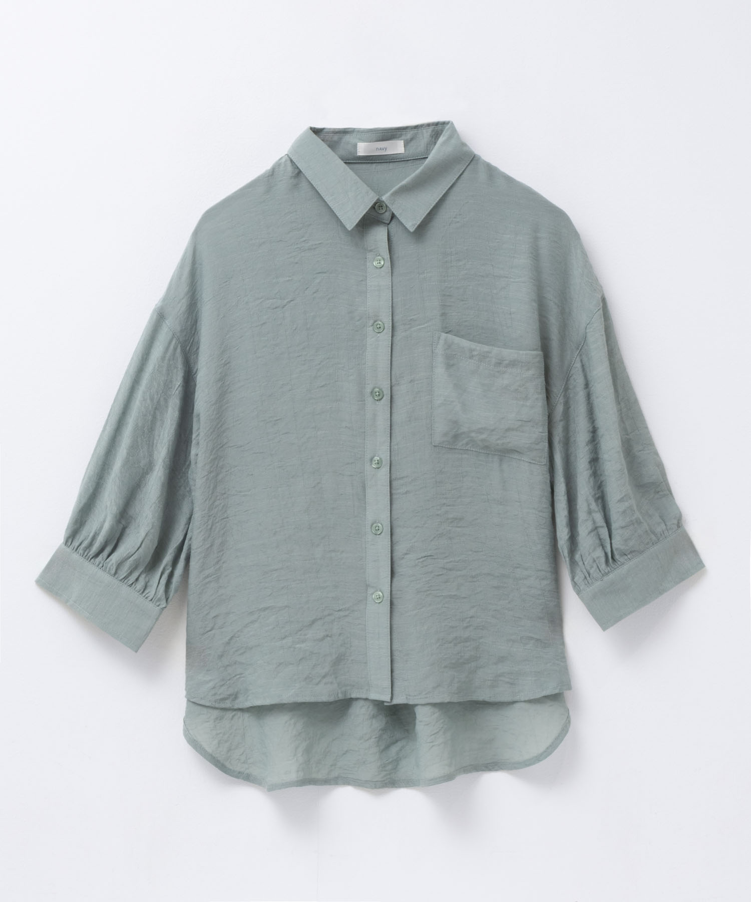 7/8まで！【新品タグ付】シアーバブルスリーブシャツ ネイビー NAVY シャツ レディース 7分袖 シアー感 透け感 ストライプ 前後差丈