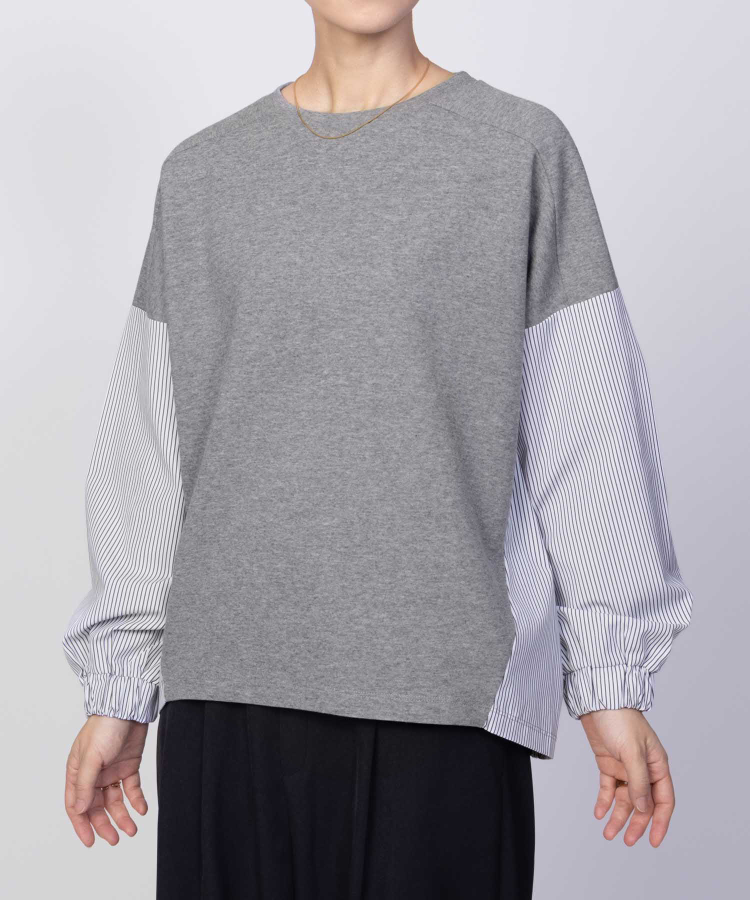 NAVY トレーナー レディース 異素材 切替え 前後差丈 ストライプ プル