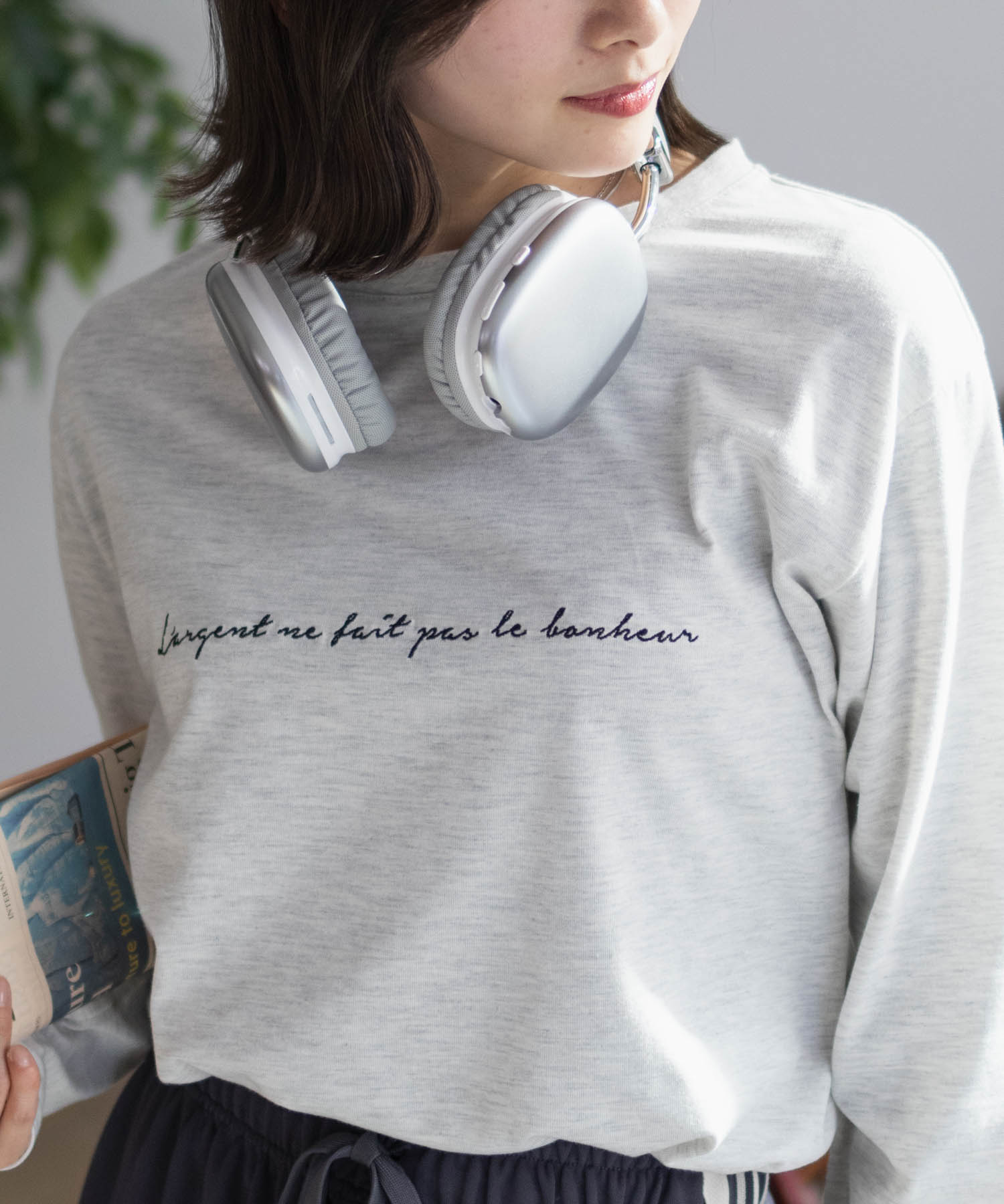 Tシャツ レディース 長袖 綿混 ロンT 刺繍 シンプル カットソー トップス ネコポス対応 | NAVY（ファッション） | 01