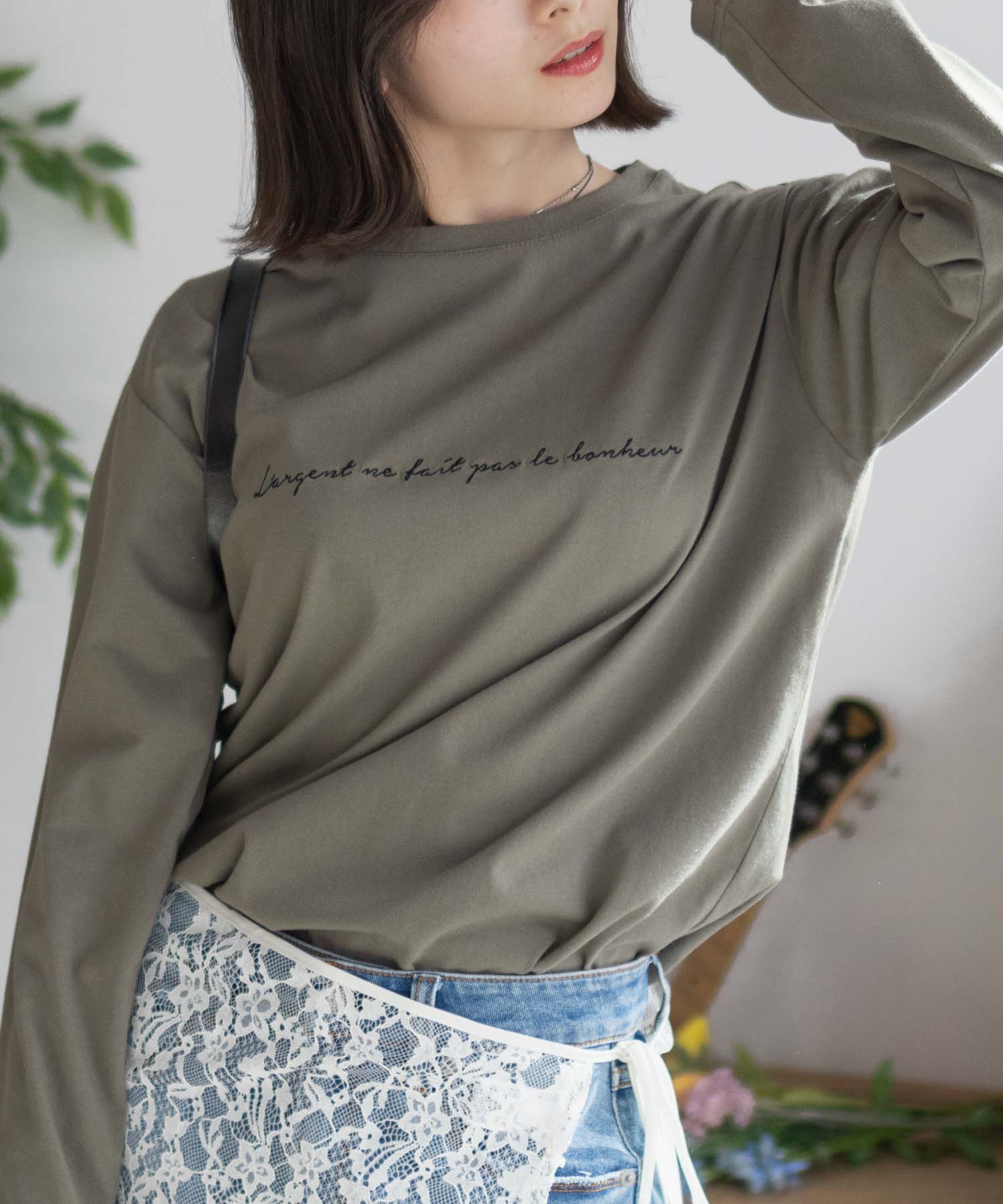 Tシャツ レディース 長袖 綿混 ロンT 刺繍 シンプル カットソー トップス ネコポス対応 | NAVY（ファッション） | 03