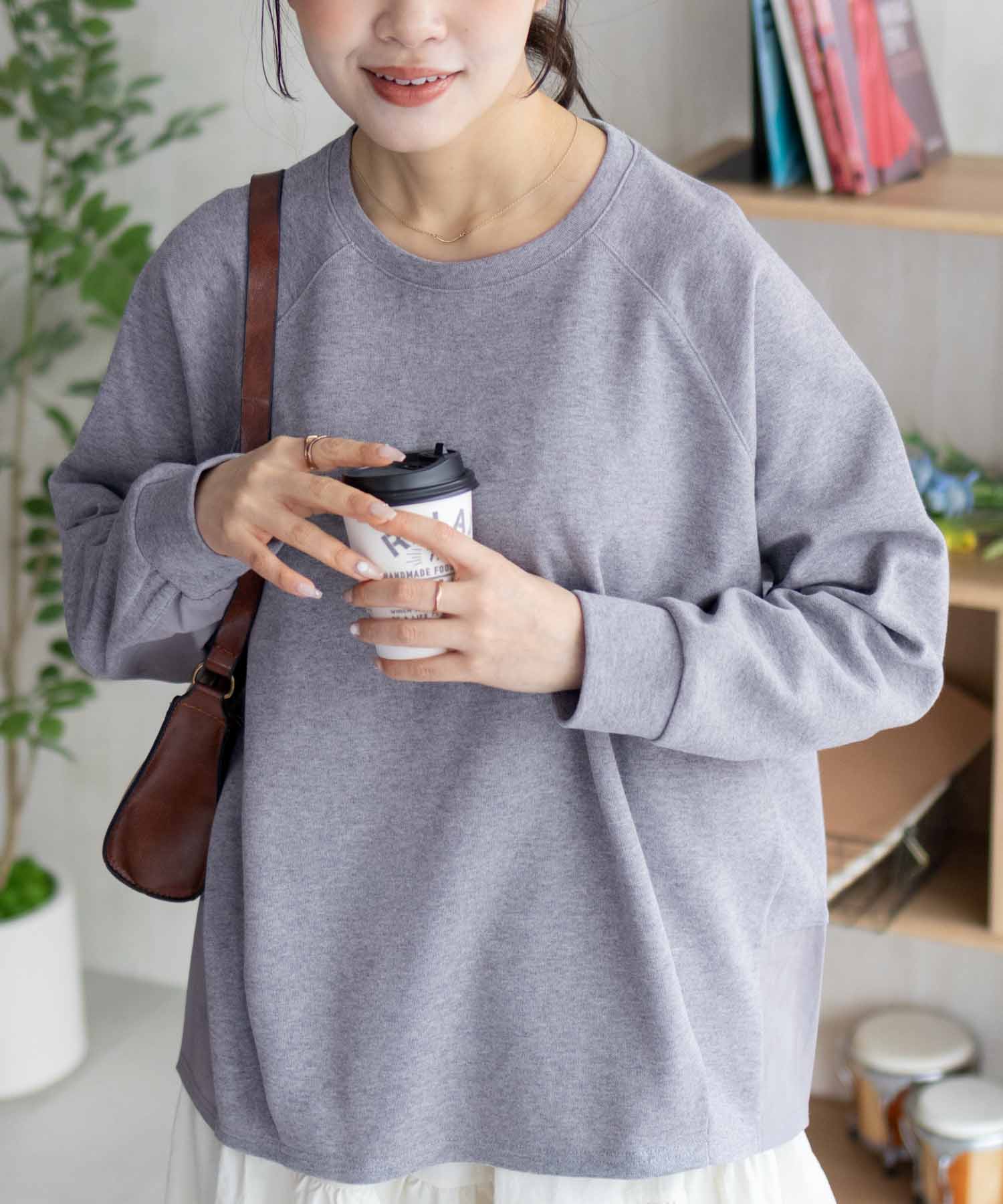 トレーナー レディース 綿混 異素材切替え クルーネック カットソー スウェット トップス