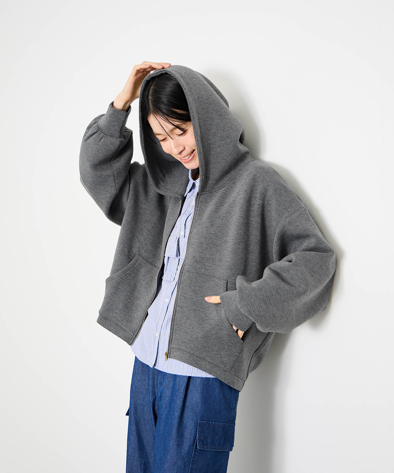 Idnes イドネス パーカー レディース ポンチ素材 ストレッチ 前後差丈