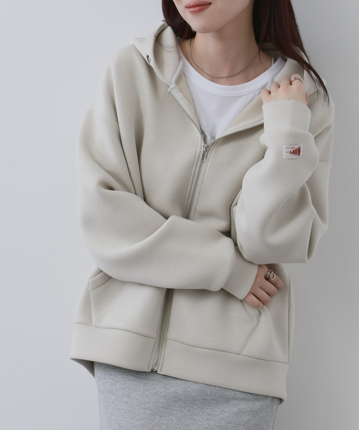 NAVY パーカー レディース フーディ カンガルーポケット ワンポイント 