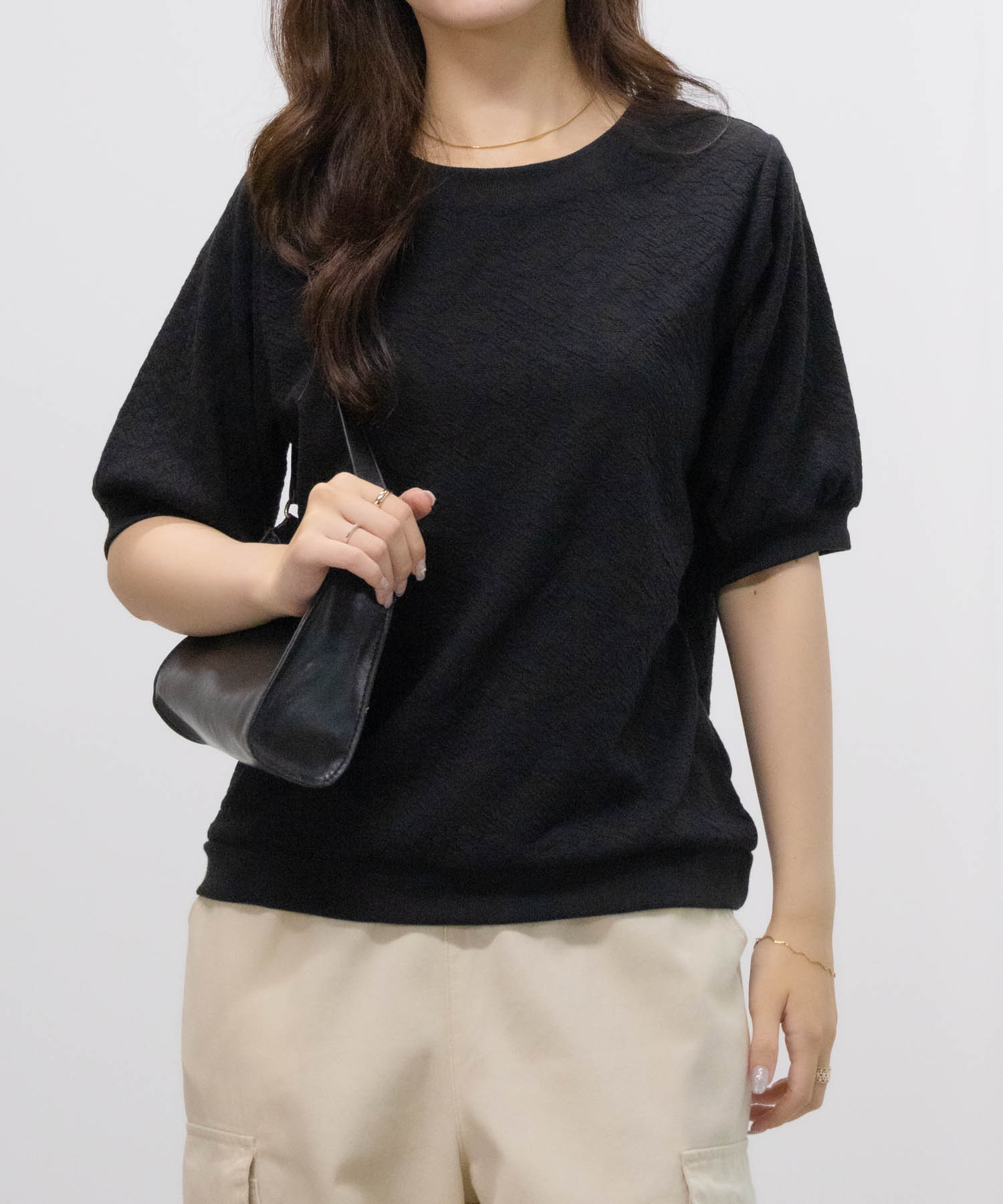 ブラウス レディース Tシャツ 半袖 5分袖 シンウォッシャブル ジャガード素材 無地 トップス