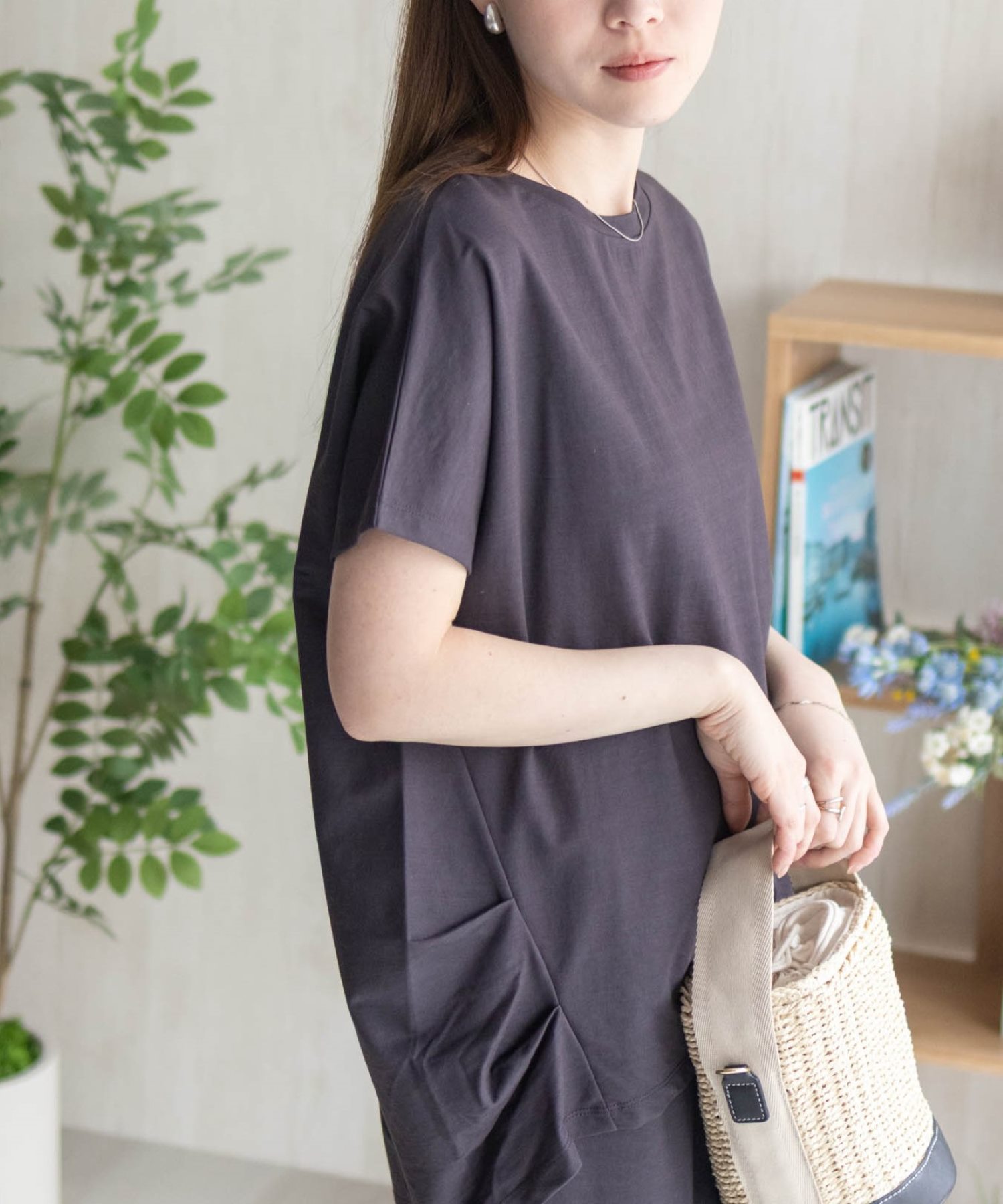 Tシャツ チュニック レディース 半袖 接触冷感 無地 丈長め 前後差丈