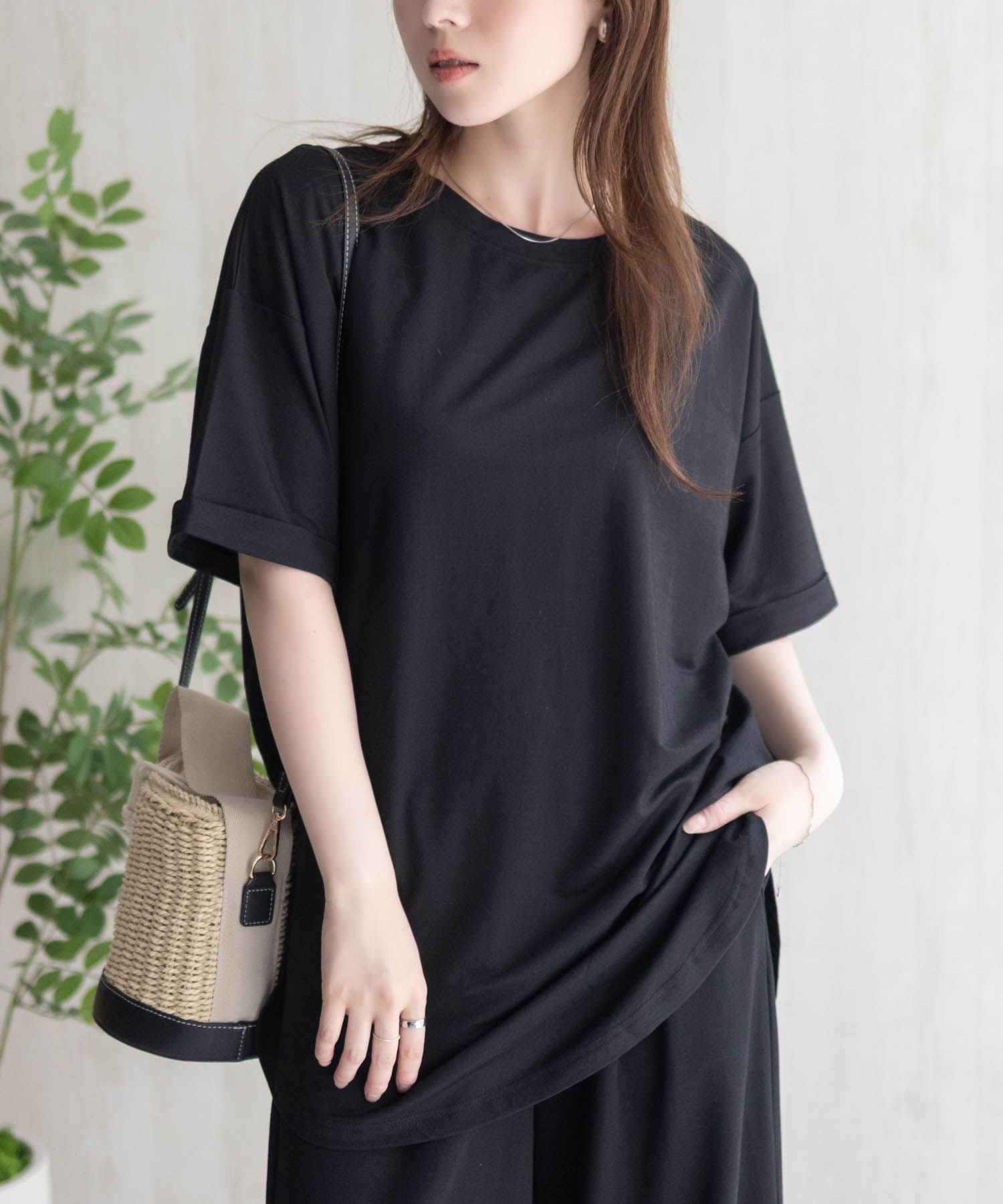 NAVY Tシャツ レディース 半袖 チュニック 接触冷感 ひんやり 前後差丈