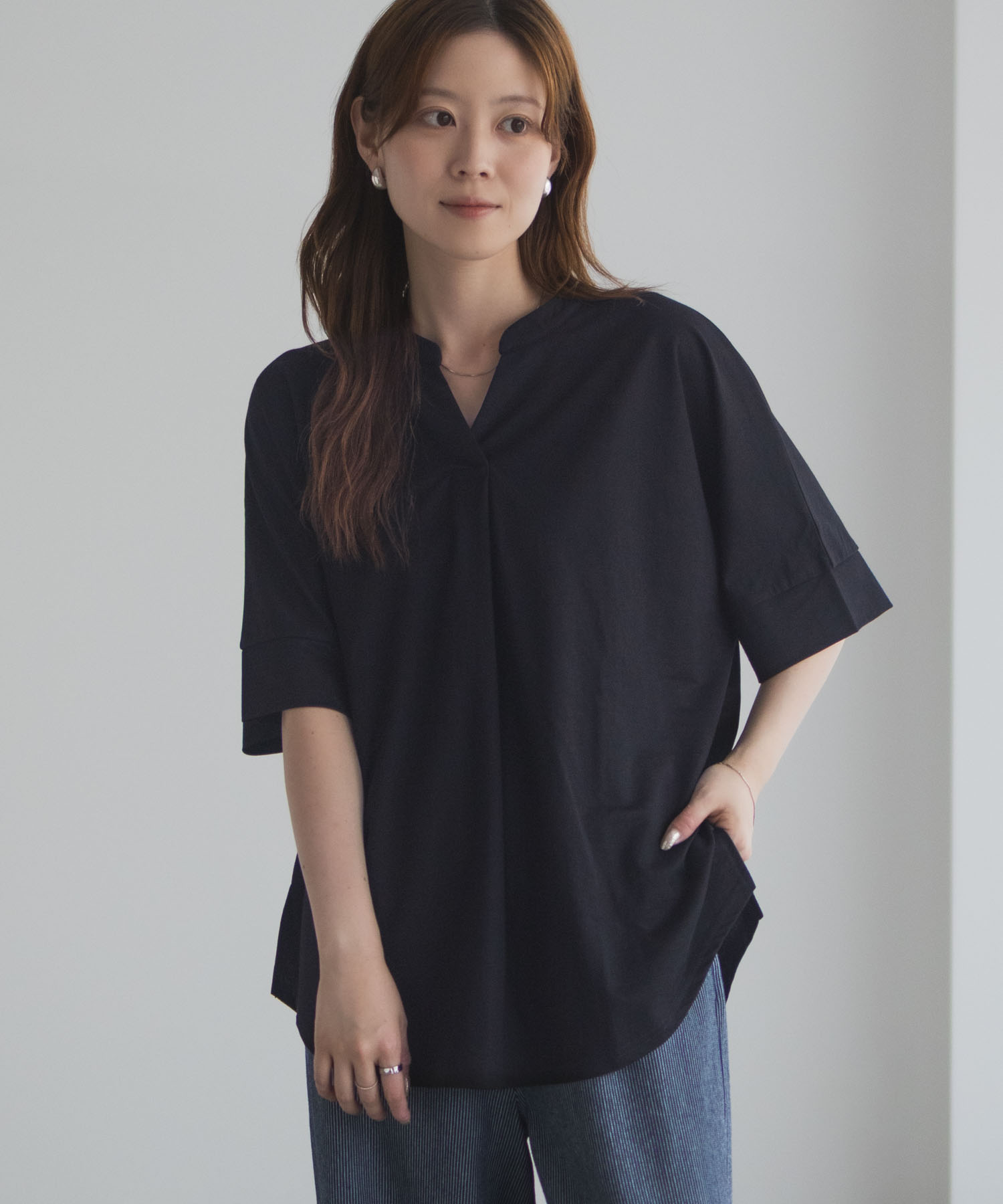 Drawer購入T-mat ネイビー 五分袖ブラウス 【公式通販】