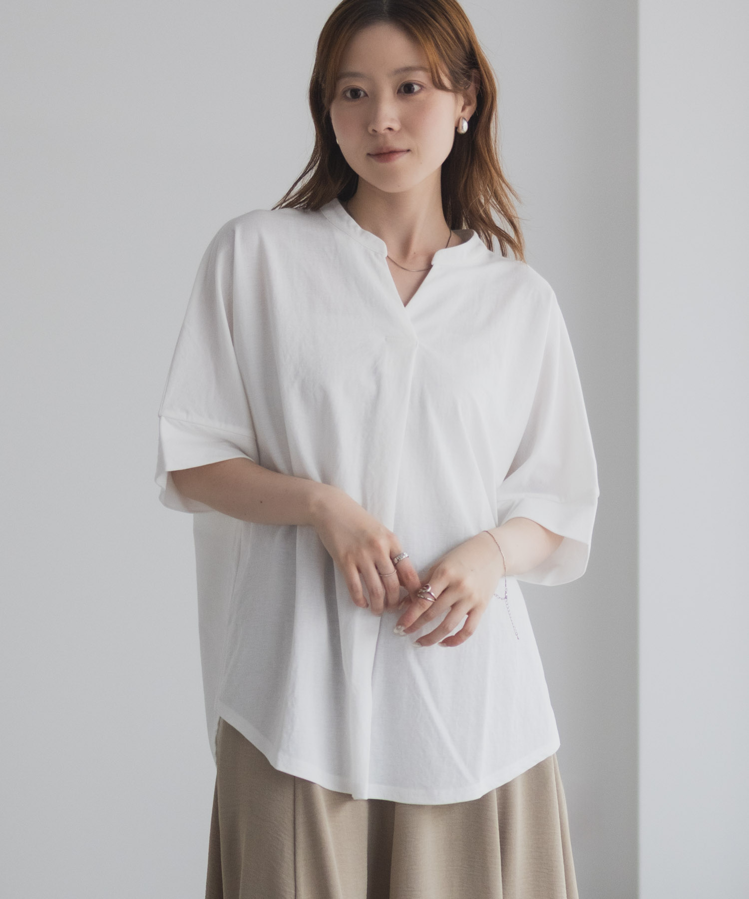 ブラウス Tシャツ レディース 半袖 5分袖 接触冷感 スキッパーカラー 