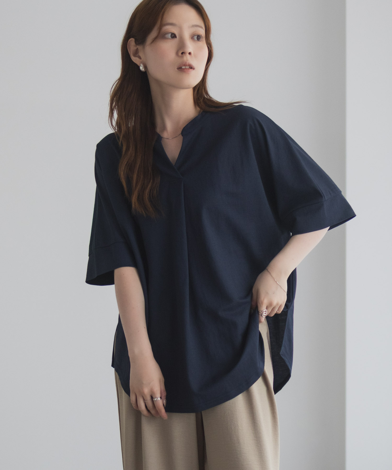 ブラウス Tシャツ レディース 半袖 5分袖 接触冷感 スキッパーカラー 