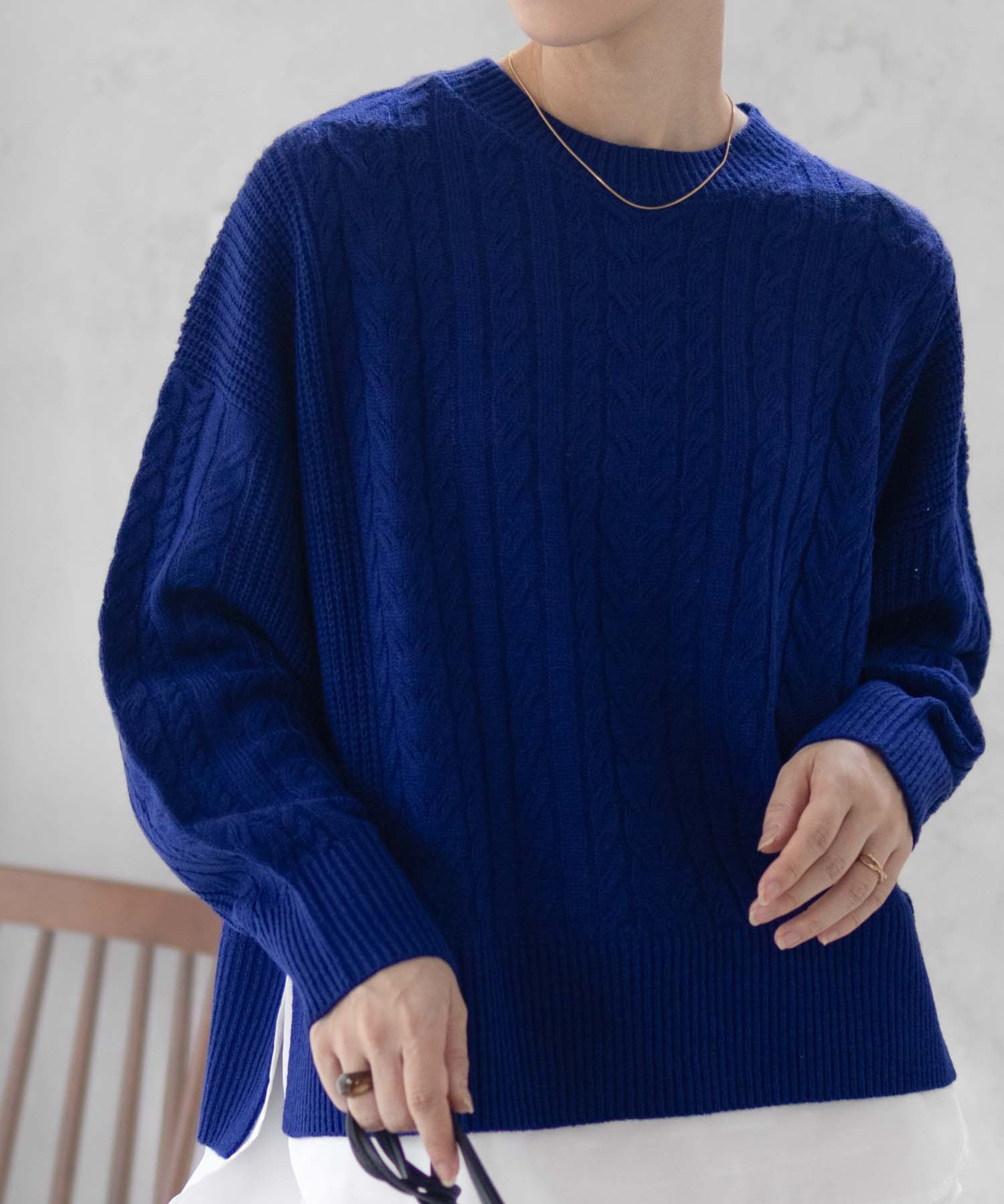 NAVY ニット セーター レディース フェイクレイヤード ケーブル編み