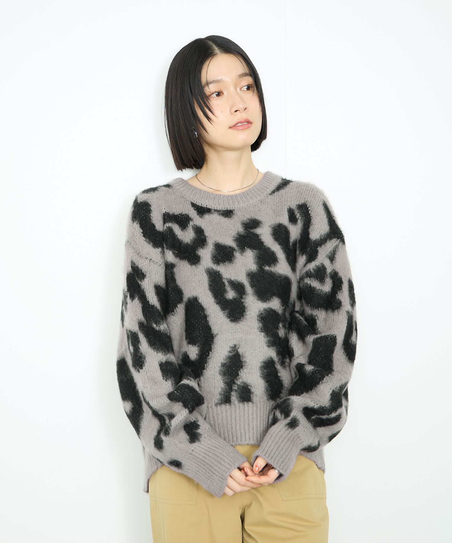 レオパード柄 ジップアップセーター セール】Leopard print zip-up knit sweater / レオパード柄ジップ