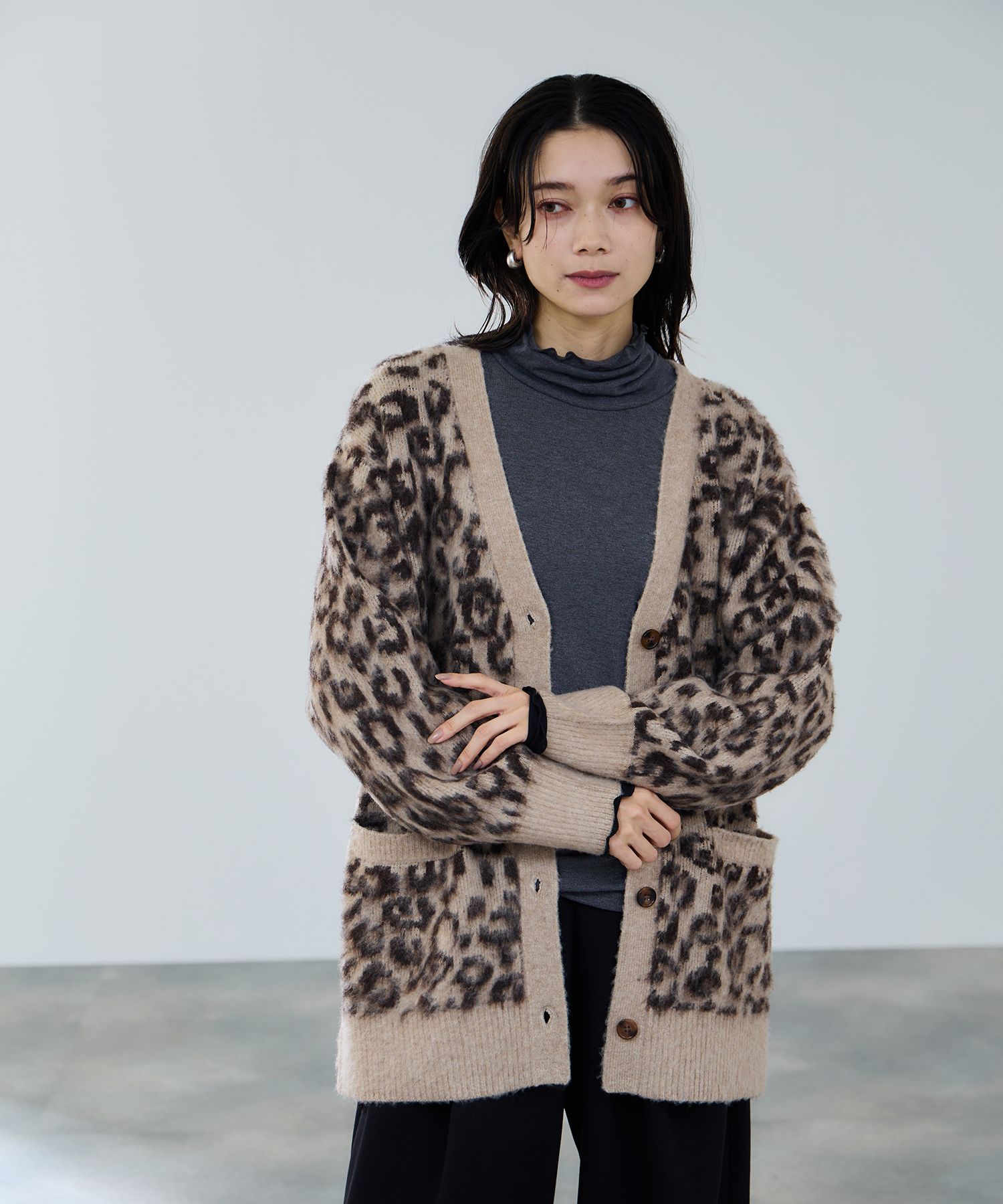レオパード柄 Vネックカーディガン ニット カーディガン レディース シャギー ゆったり レオパード柄