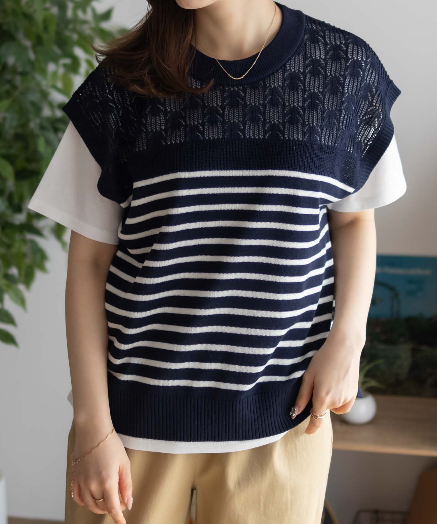 NAVY ベスト 半袖Tシャツ アンサンブル レディース ボーダー 柄編み