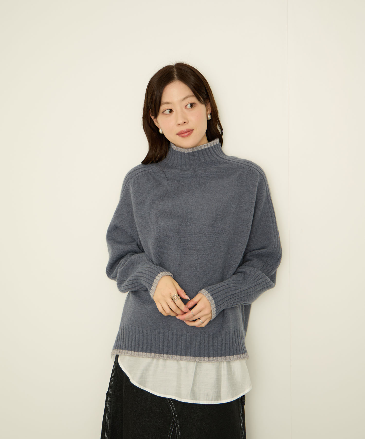 NAVY ニット セーター レディース ドロップショルダー サイドスリット