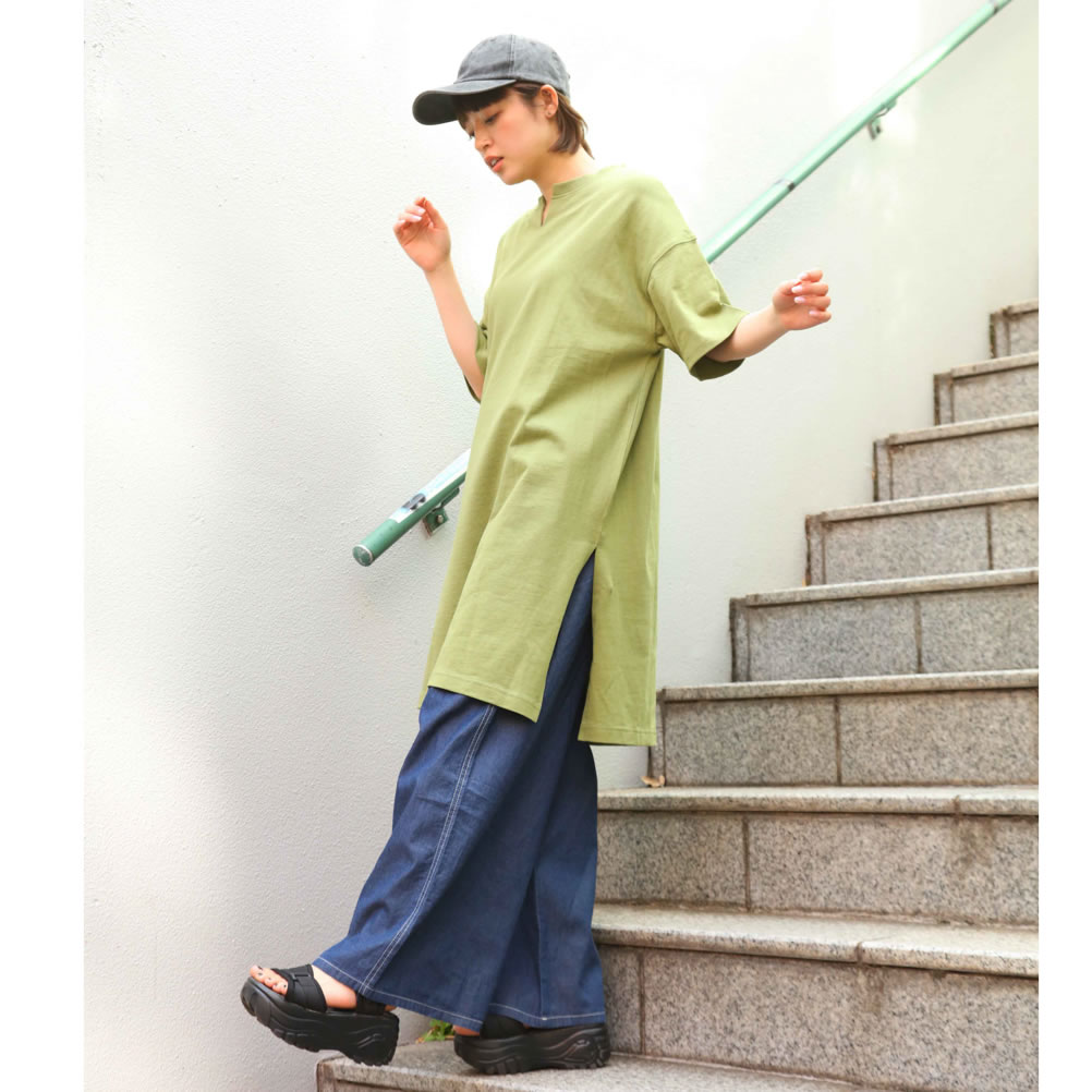 ワイドパンツ レディース 綿100％ 無地 ウエストゴム ドロスト