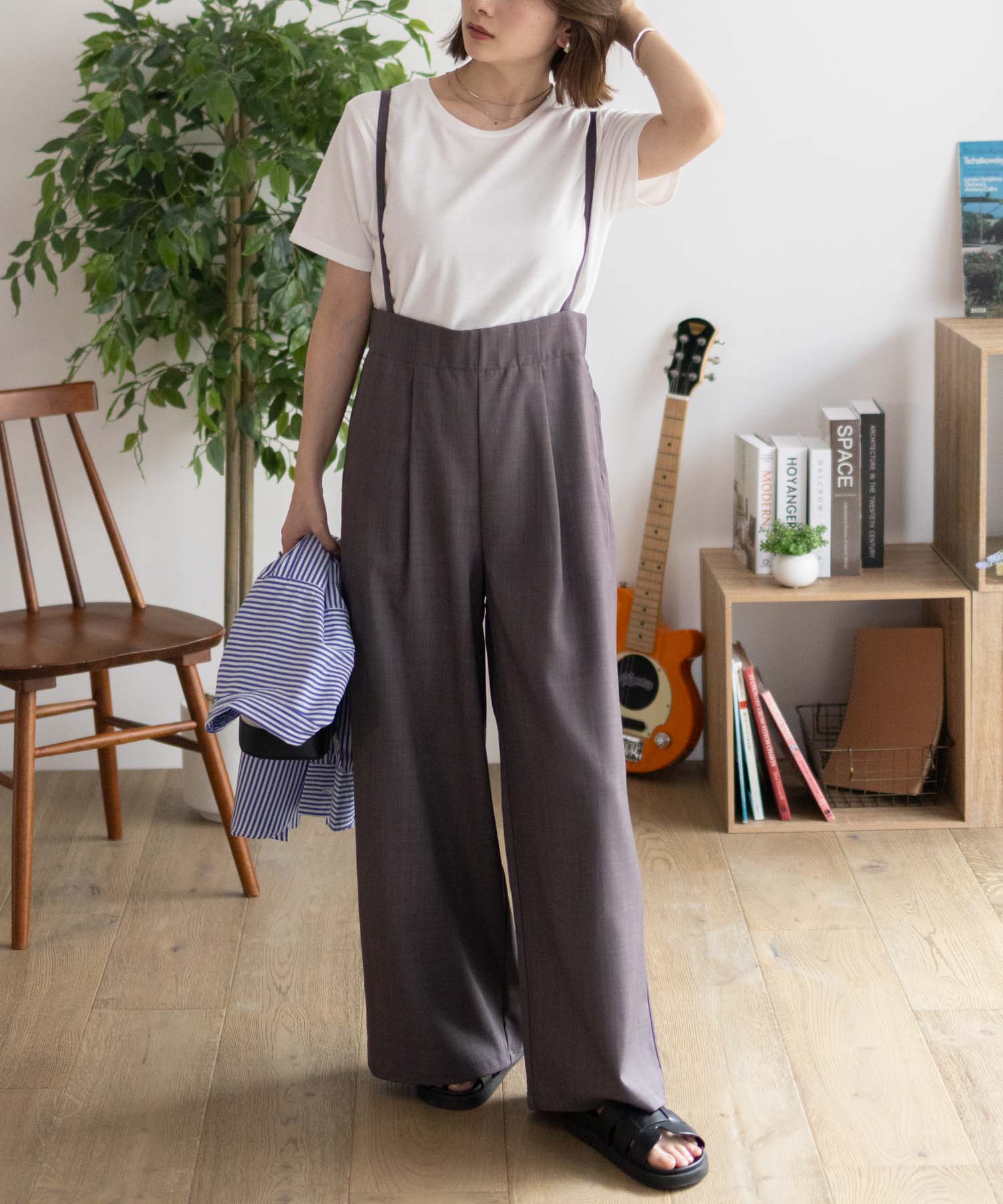 NAVY サロペット 半袖Tシャツ アンサンブル レディース ワイドパンツ 