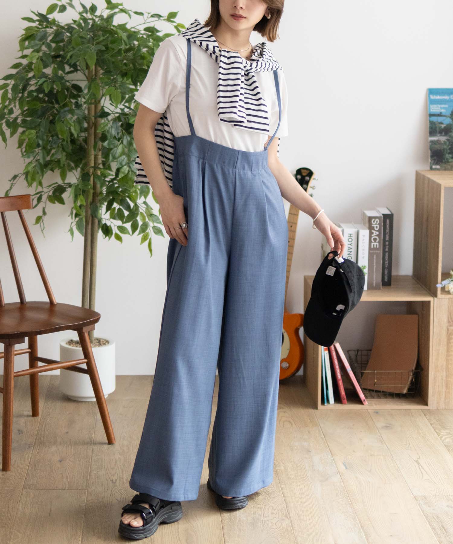LESS TAILOR ネイビー サロペット NAVY サロペット 半袖Tシャツ アンサンブル レディース ワイドパンツ